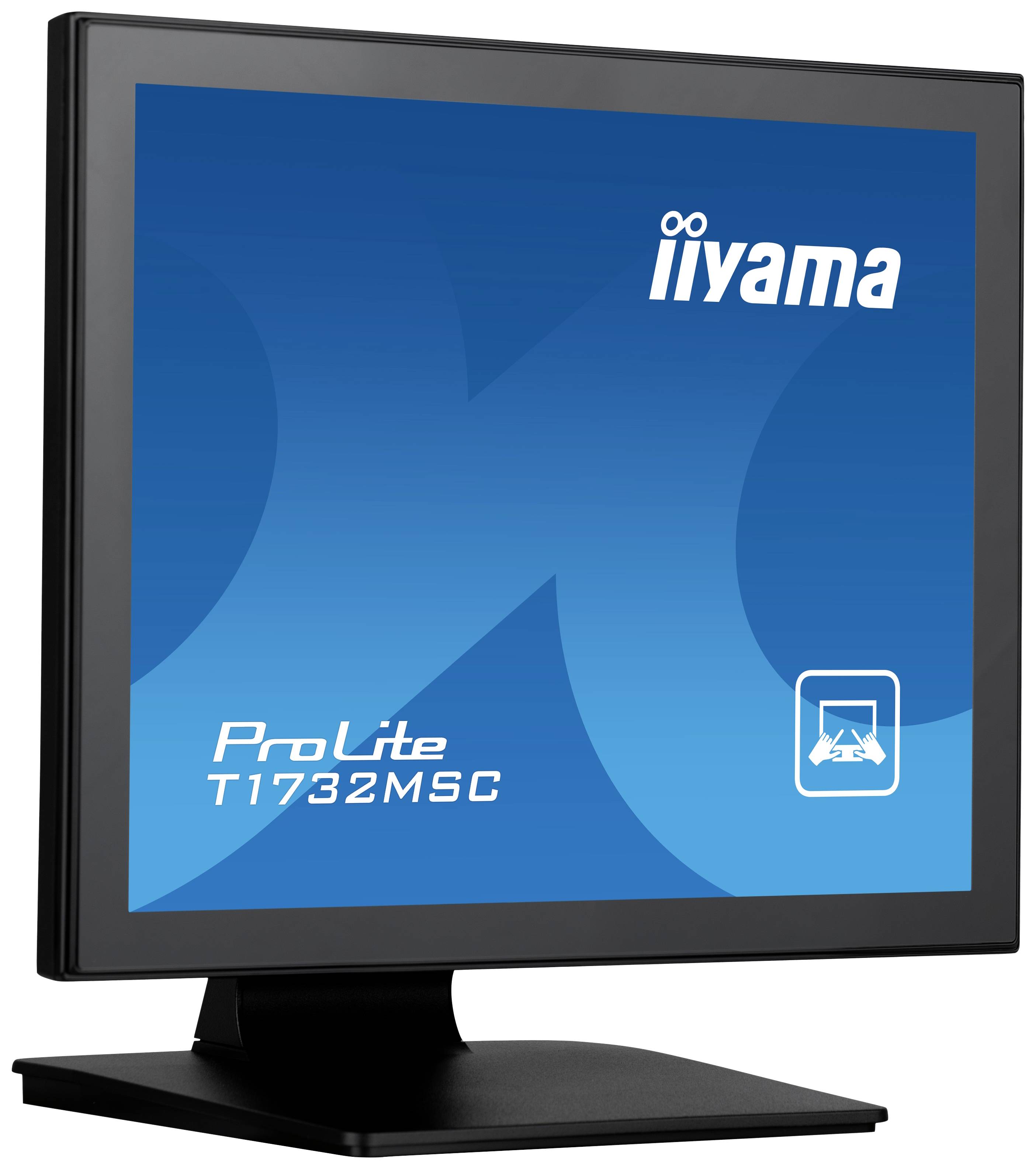 Un monitor iiyama, modello ProLite T1732MSC, con schermo blu e logo in alto a destra, su un piedistallo nero.