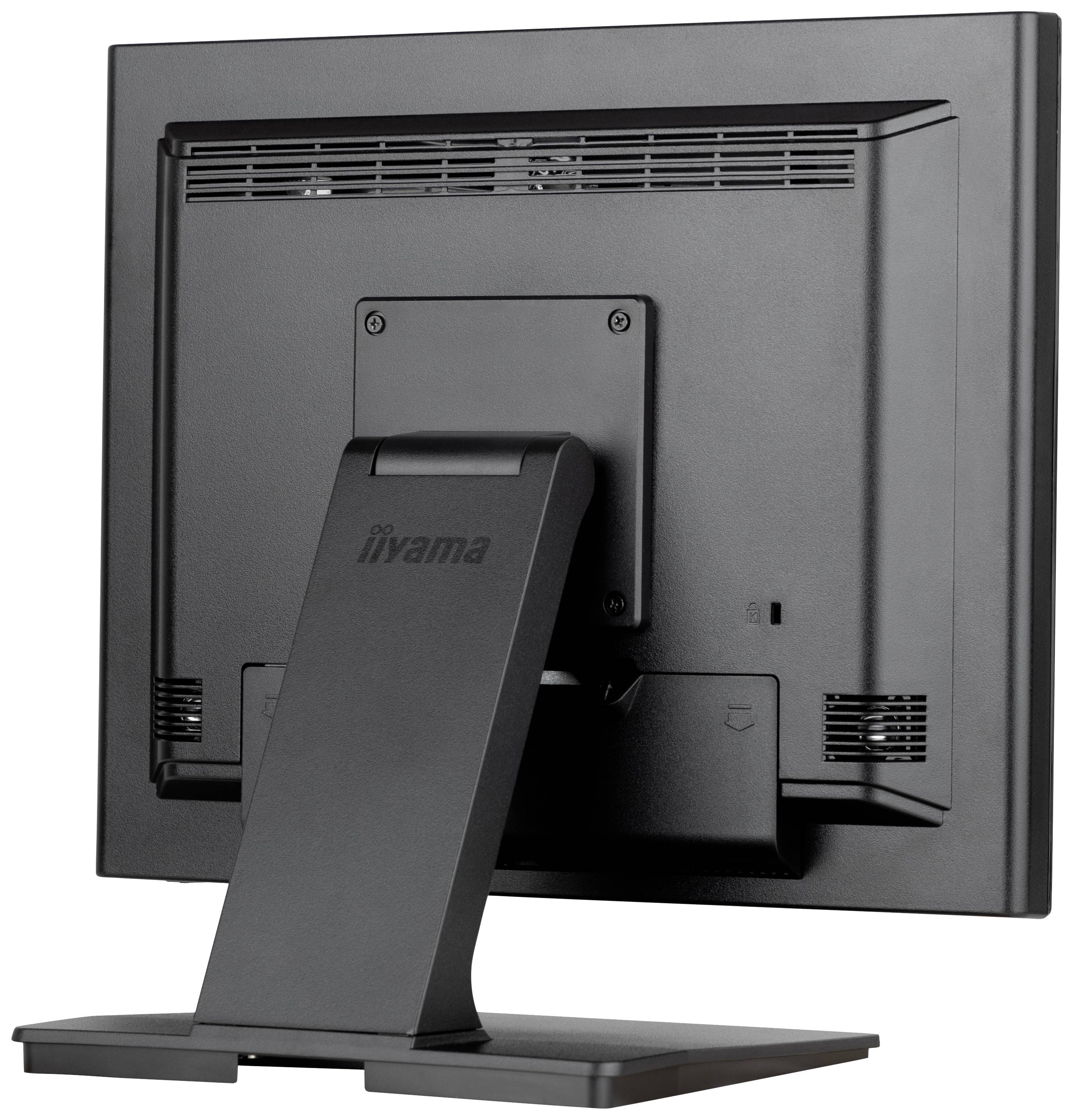 Veduta posteriore di un monitor con involucro nero e base di supporto, nessun collegamento o marchio visibile.