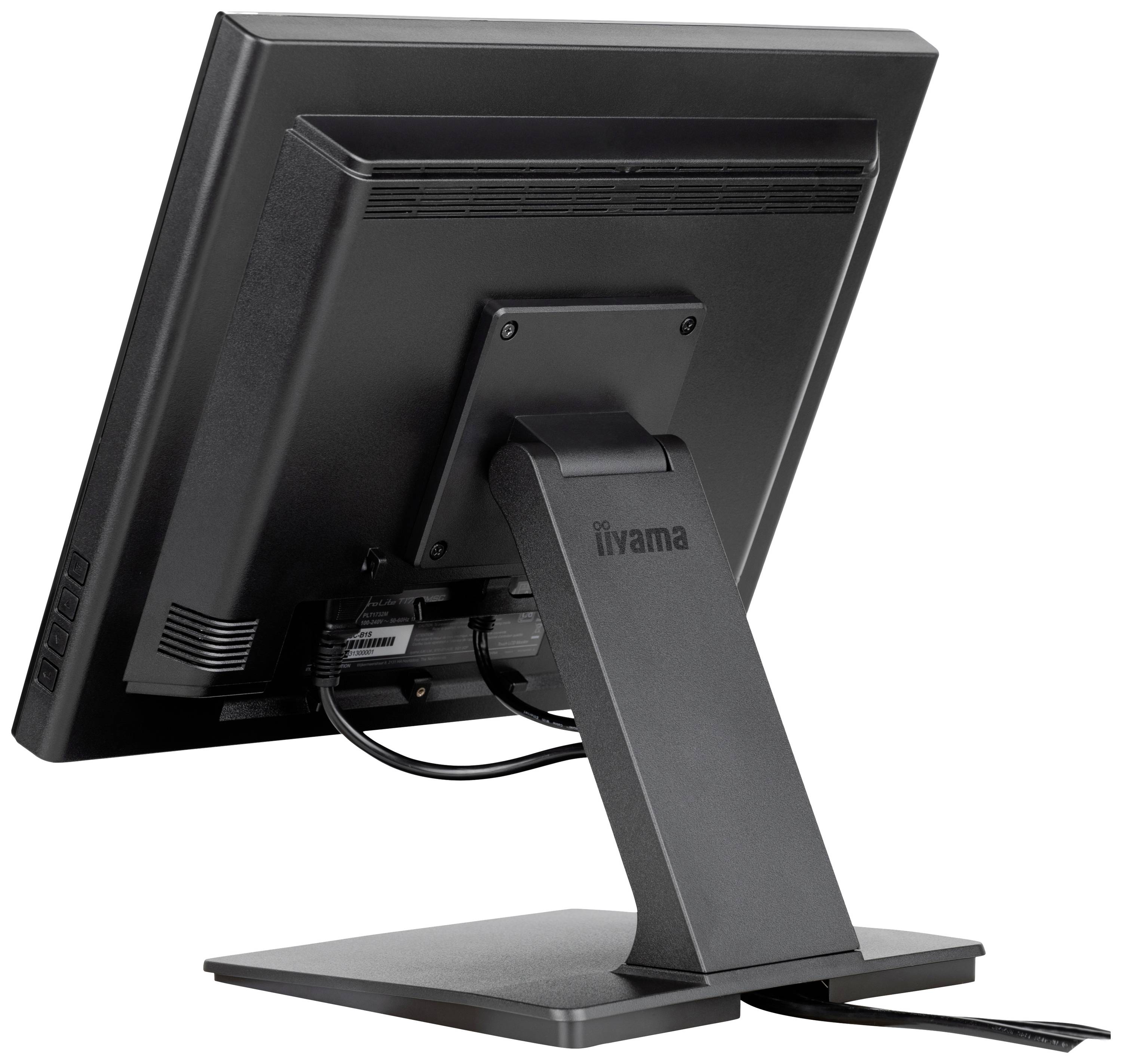 Vista posteriore di un monitor per computer su un supporto, che mostra i connettori dei cavi e le fessure di ventilazione.
