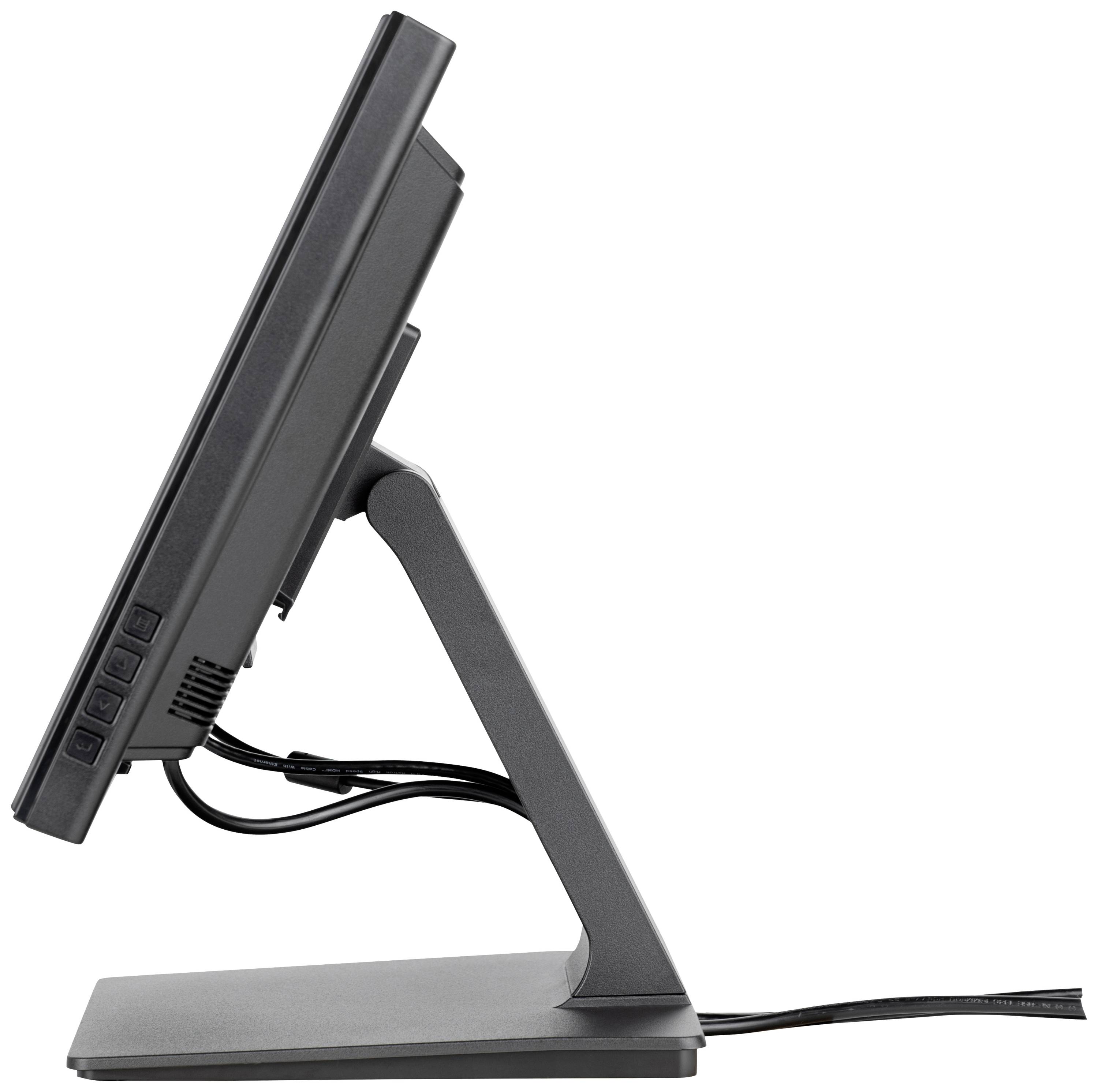 Vista laterale di un monitor nero per computer con base e cavi.