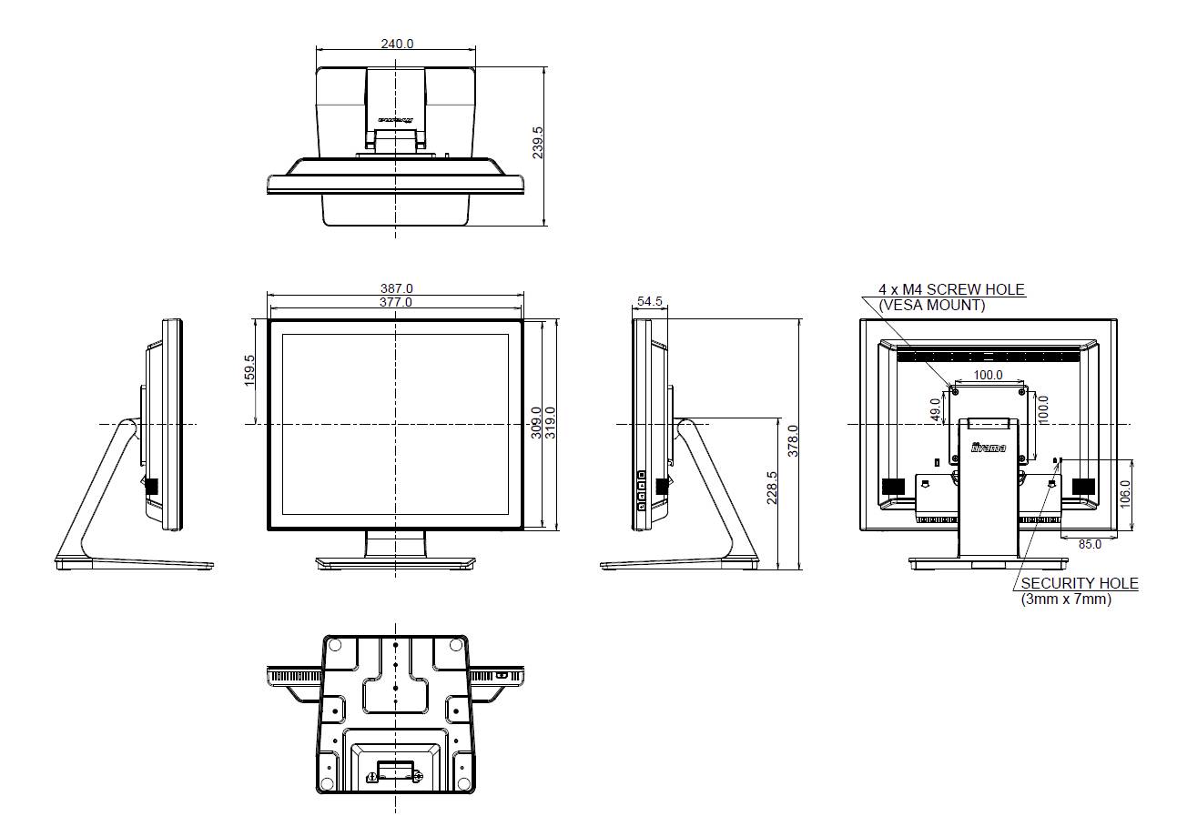 Disegno tecnico di un monitor con diverse viste, corredate di dimensioni e contrassegni per i fori delle viti e il supporto VESA.