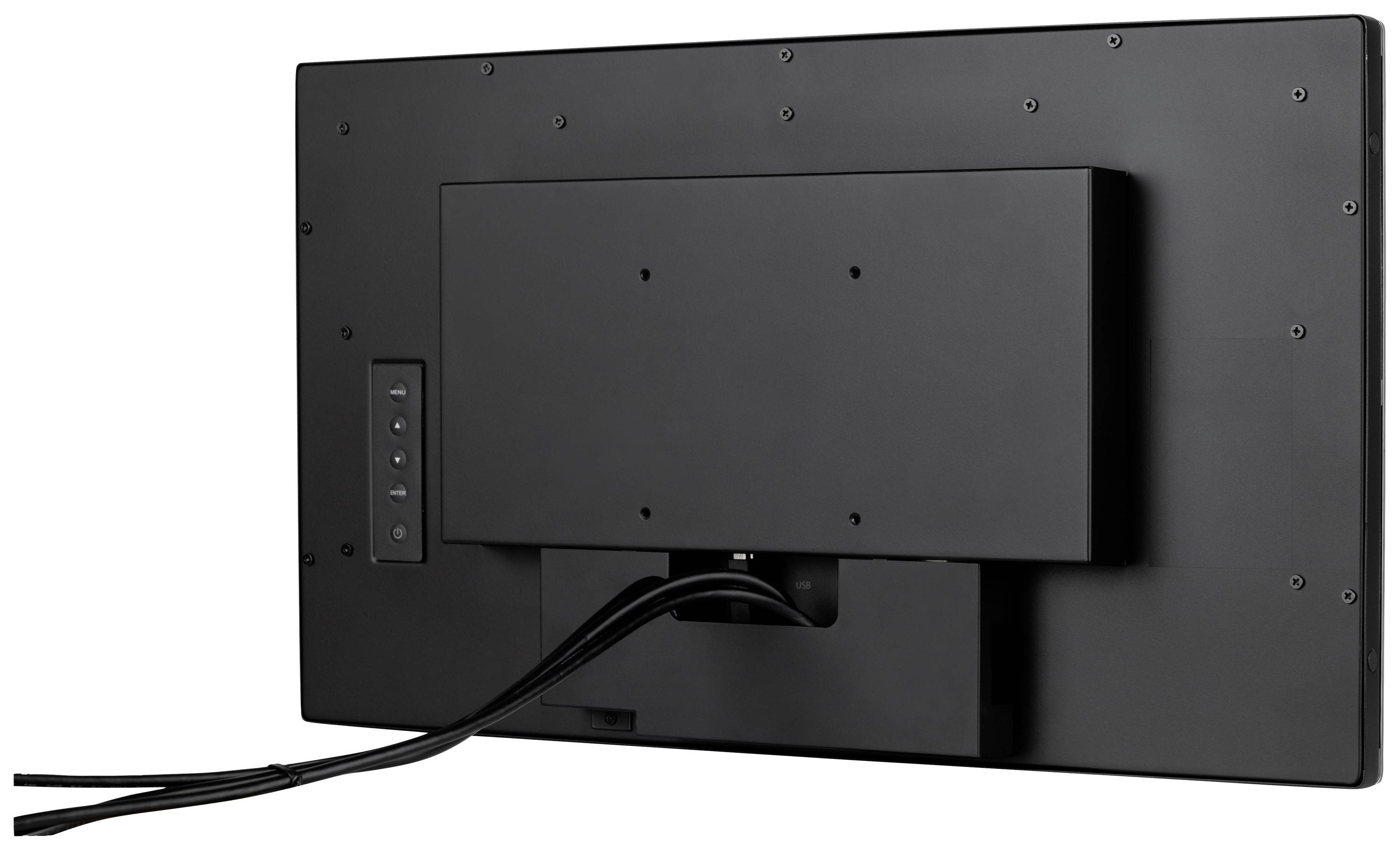 Retro di un monitor nero con porte e cavi visibili che scendono verso il basso.