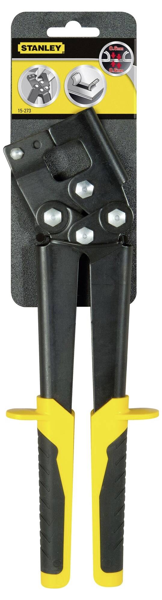Pistola a rivetti Stanley in nero e giallo, confezionata. Mostra la vista frontale dello strumento con l'etichetta della confezione in alto.