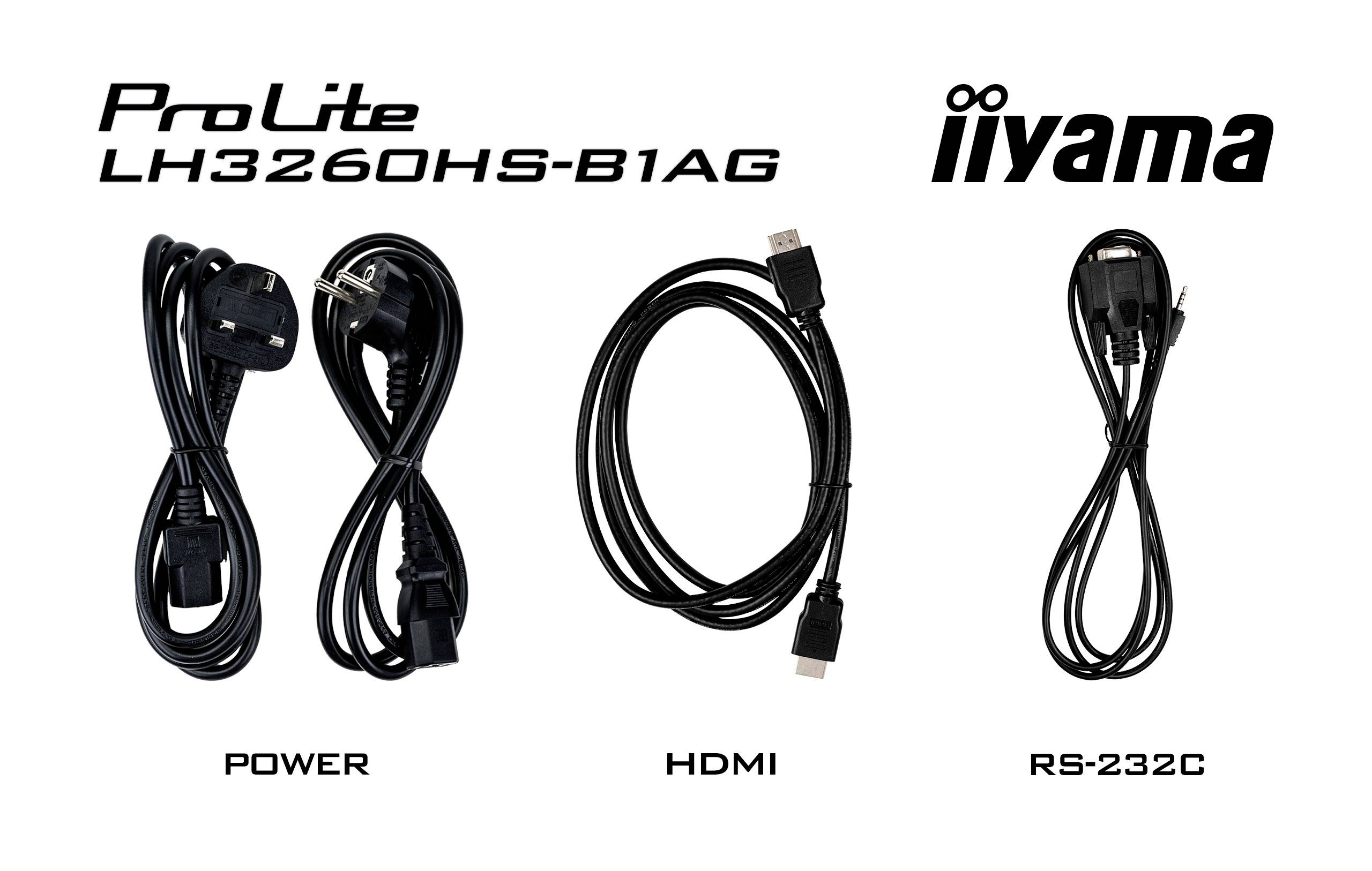 'Tre tipi di cavi: a sinistra cavo di alimentazione, al centro cavo HDMI, a destra cavo RS-232C. In alto a sinistra è scritto "ProLite LH3260HS-B1AG", in alto a destra "iiyama".'