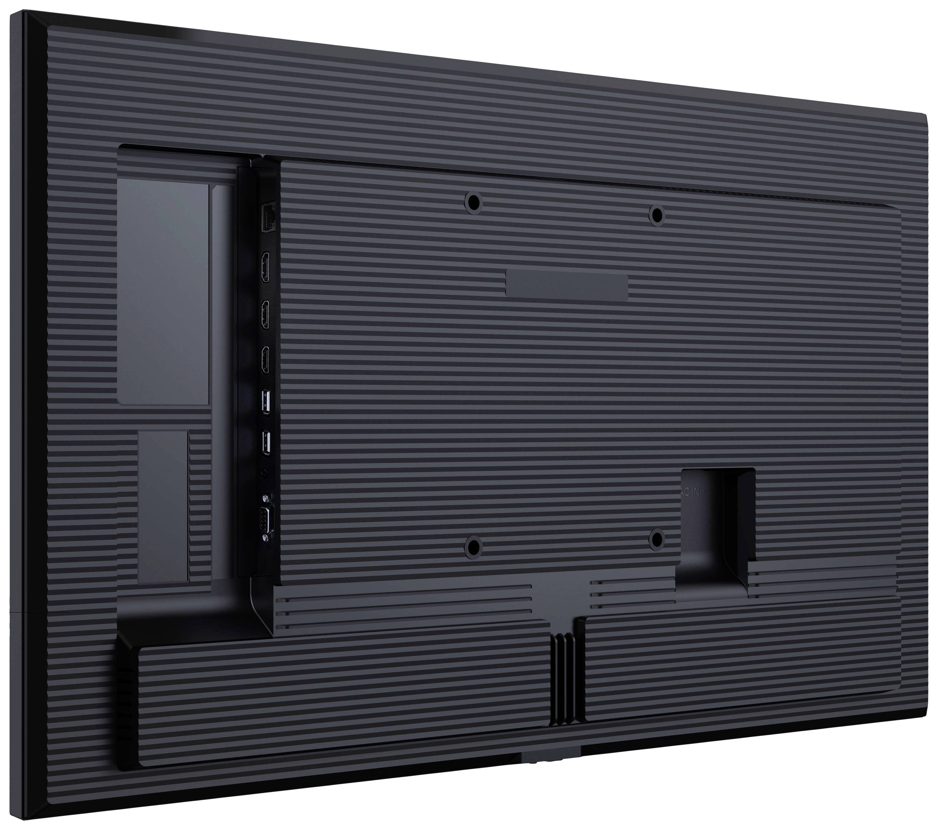 Retro di un monitor piatto nero con varie porte di connessione e alloggiamento strutturato.