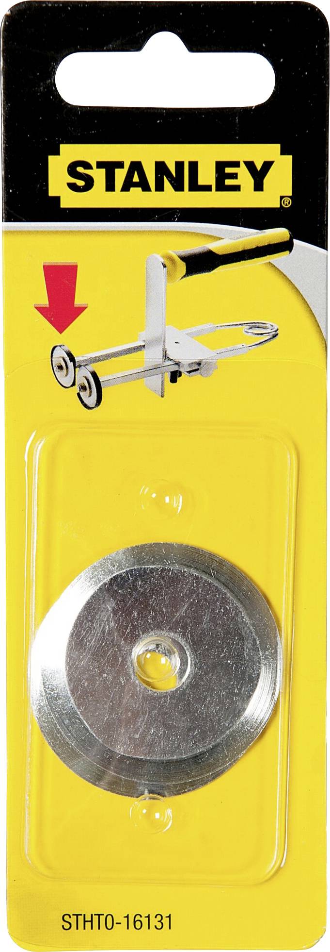 Confezione di un disco di ricambio per il taglio di Stanley. In alto è presente un'immagine che mostra l'applicazione con una troncatrice.