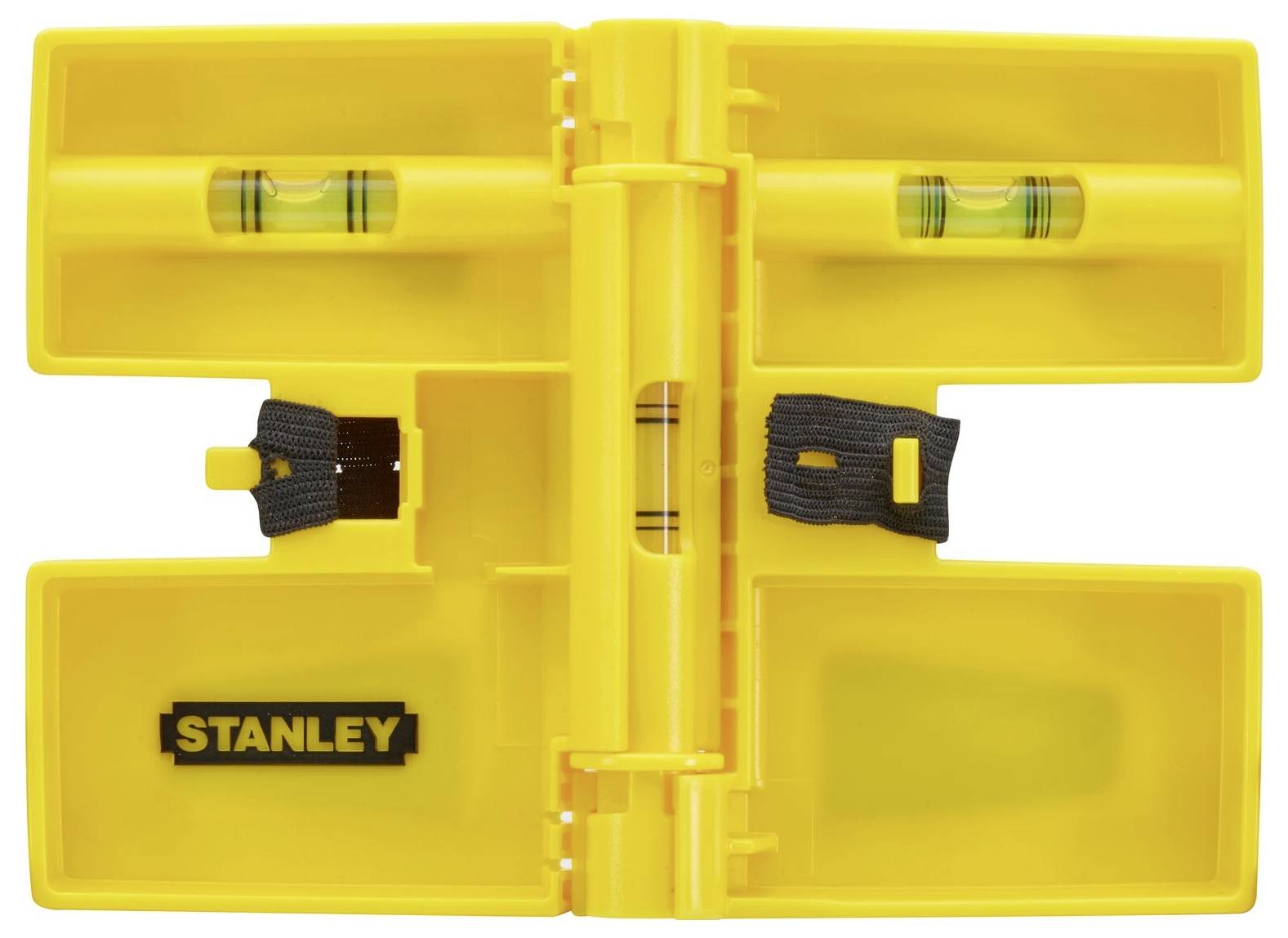 Strumento giallo per la verifica di angoli e piani, con due livelle integrate. Marcatura nera 'STANLEY'.