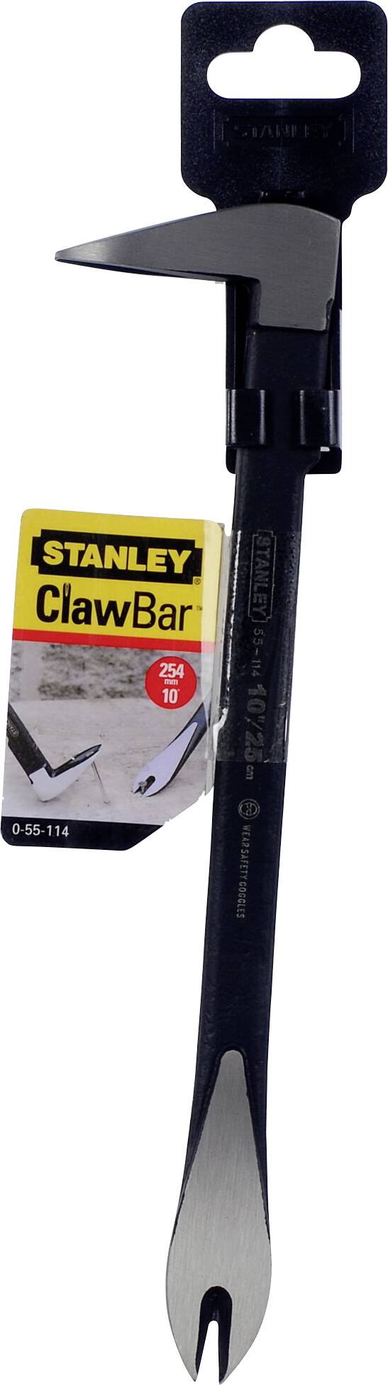 Un Stanley ClawBar con etichetta è raffigurato. Lo strumento ha due estremità curve, una appuntita e una piatta, ideale per estrarre chiodi.