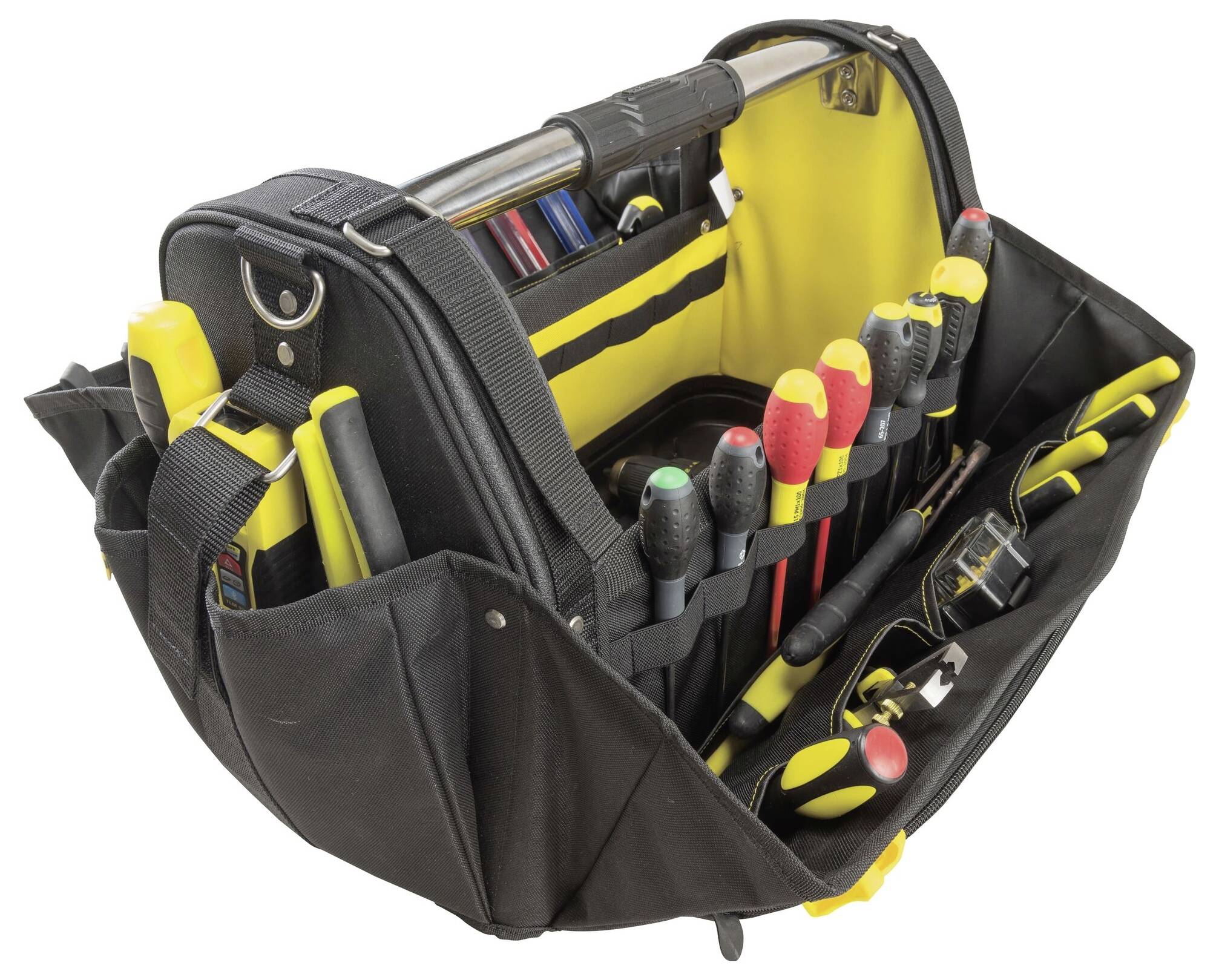 Una borsa porta attrezzi nera aperta con fodera interna gialla, riempita con vari strumenti come cacciaviti, pinze e un nastro metrico.