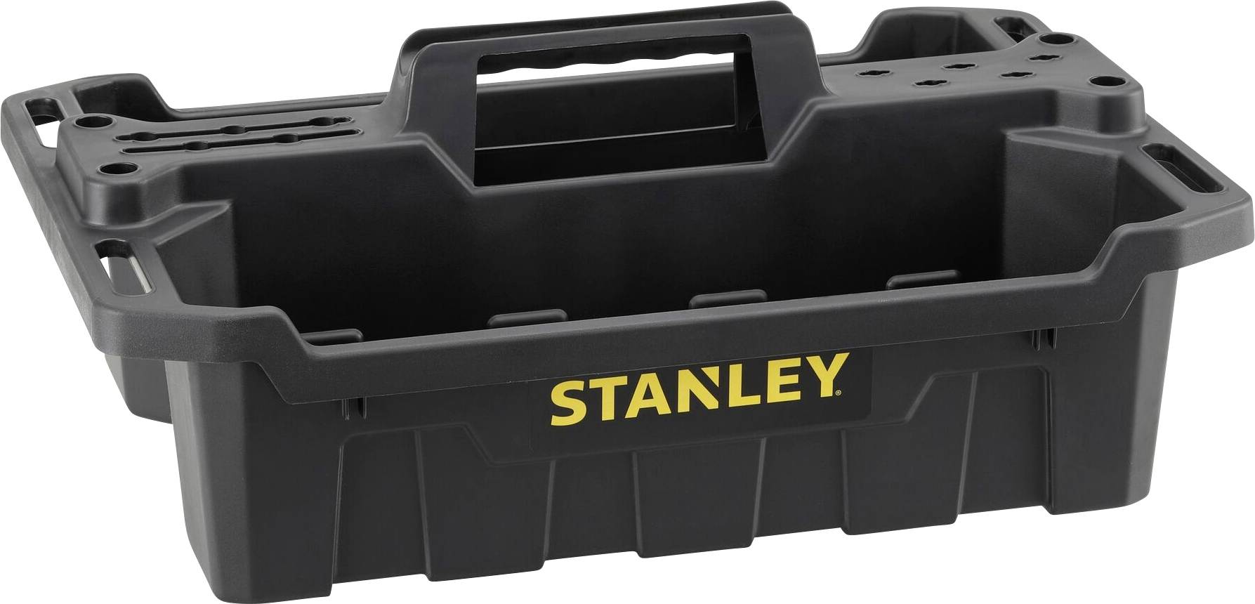 Una cassetta degli attrezzi nera con manico, con il logo giallo 'STANLEY' sopra.