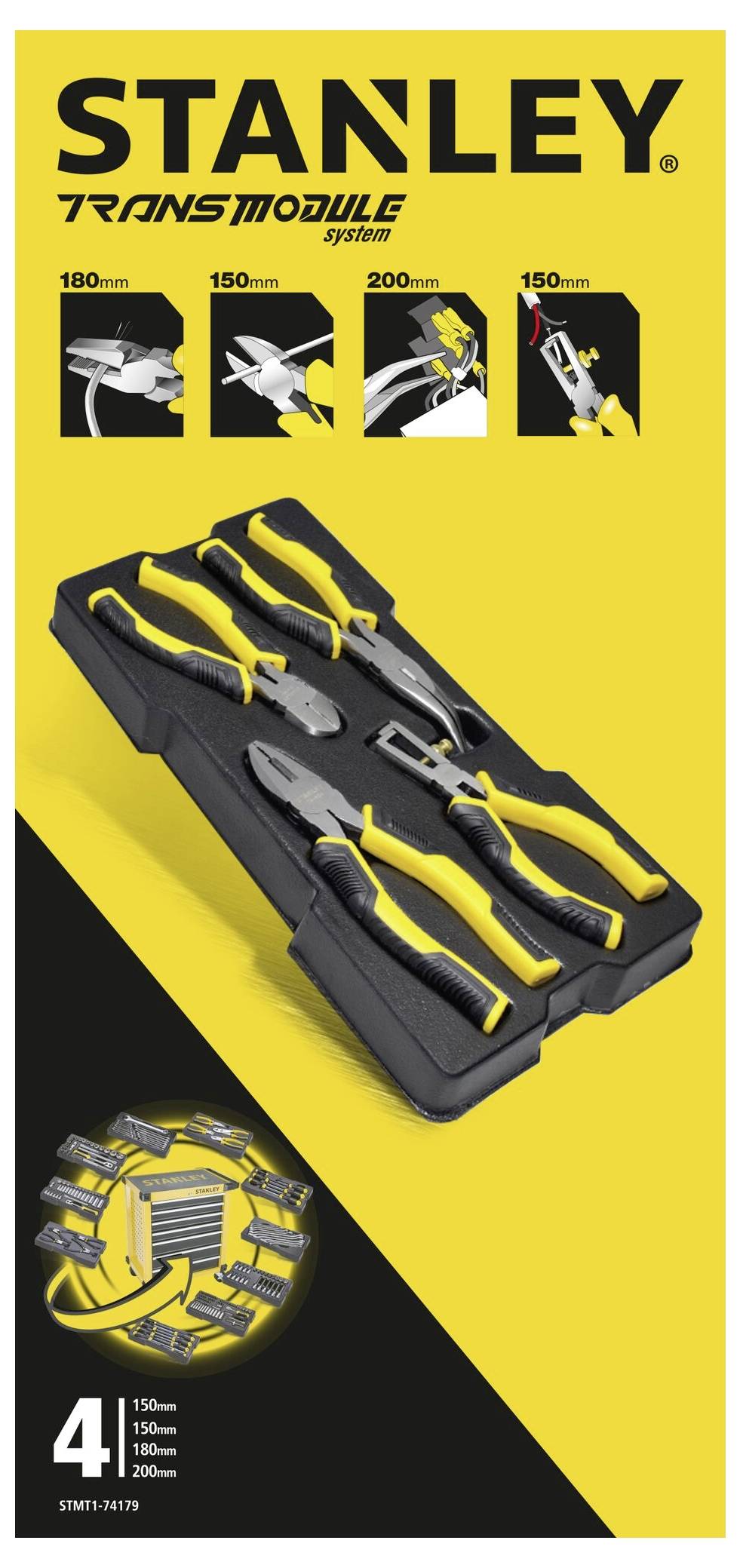 Set di utensili 'Stanley' con quattro pinze gialle e nere in una scatola, con diversi tipi di pinze illustrati in alto, dimensioni da 150-200 mm.