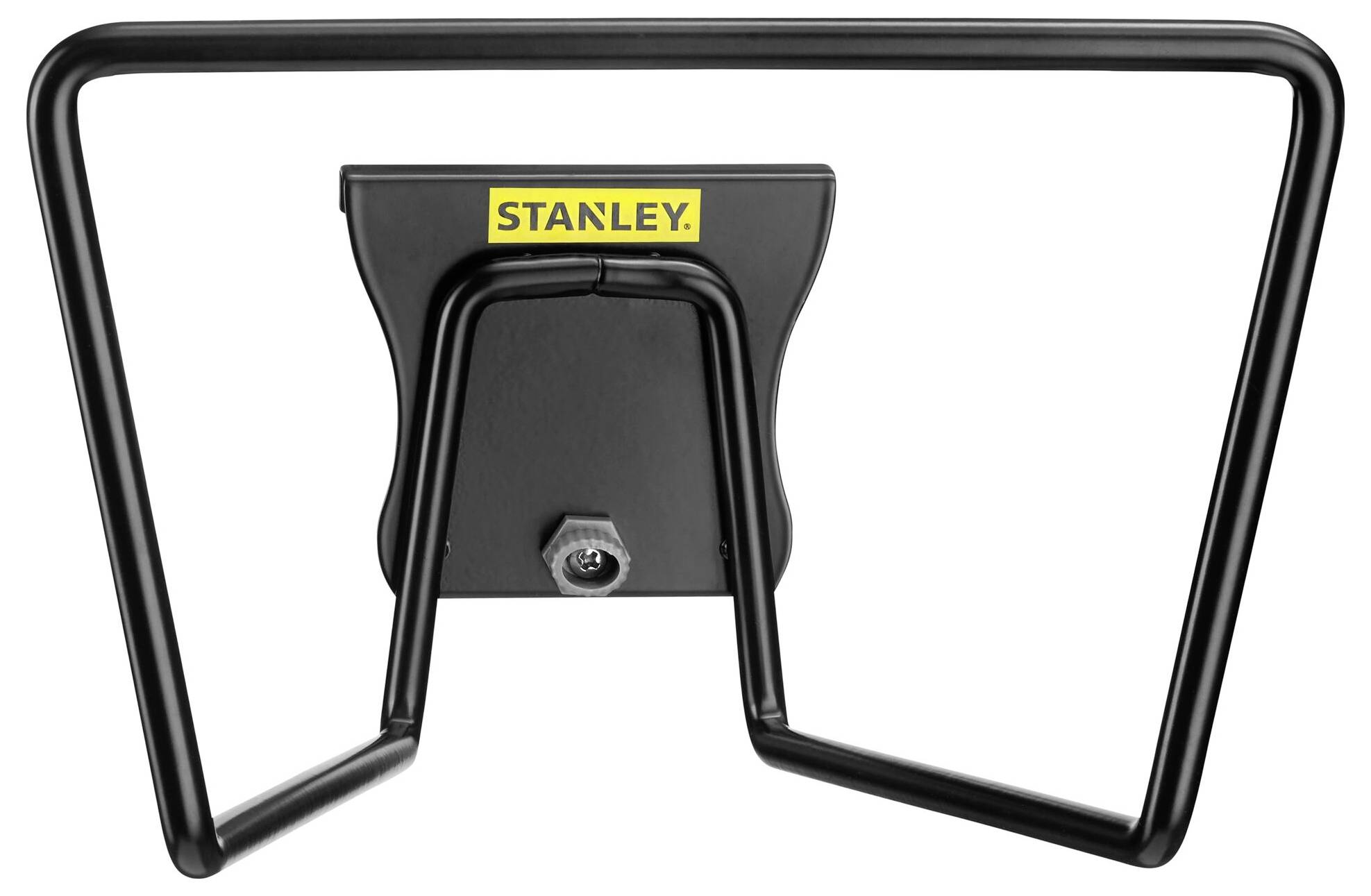 Supporto metallico per attrezzi con cornice nera e logo 'STANLEY' giallo, idoneo per il montaggio a parete, adatto per utensili o dispositivi.
