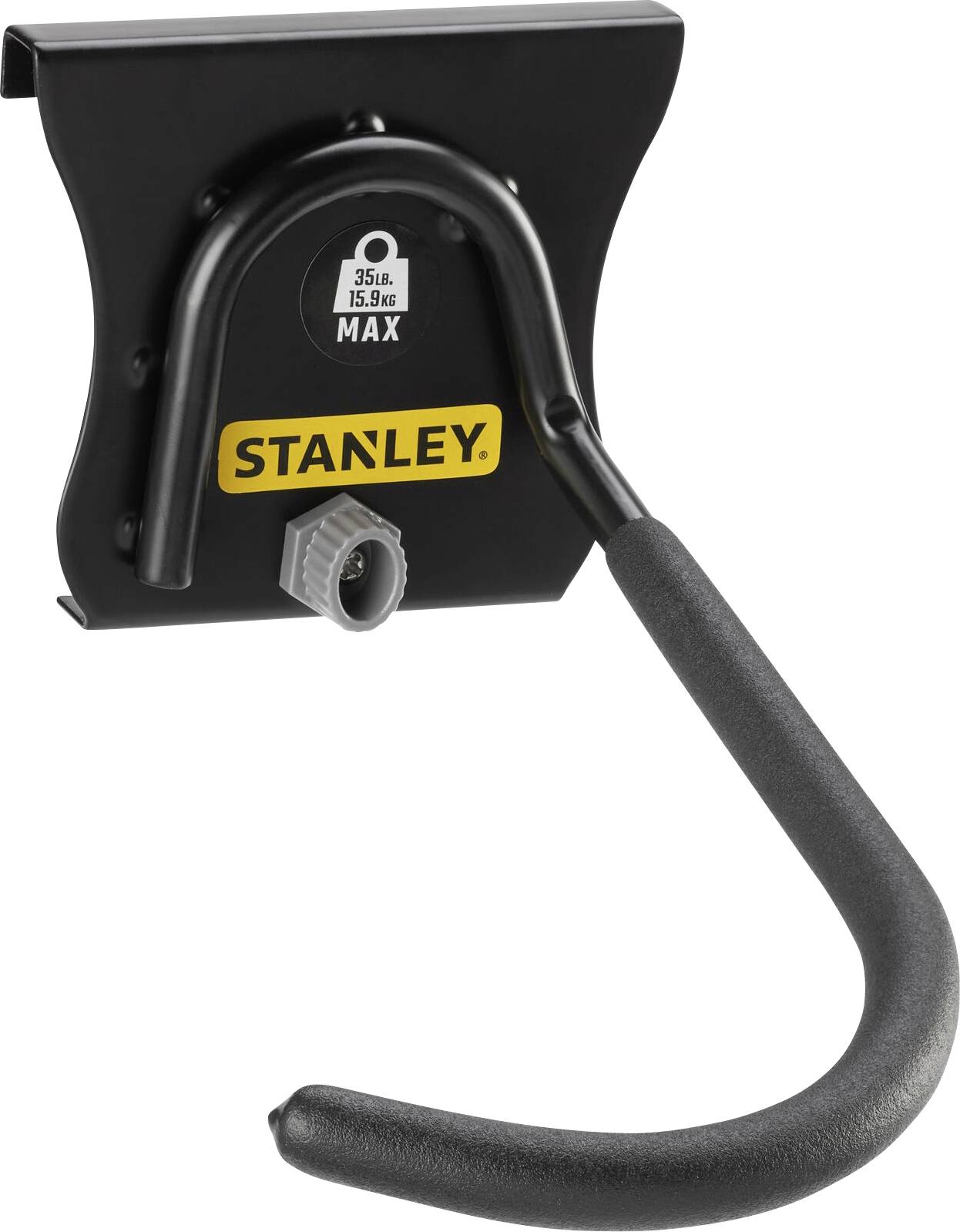 Gancio da parete nero Stanley, adatto a sostenere fino a 15,9 kg, ideale per riporre attrezzi o strumenti da giardino.
