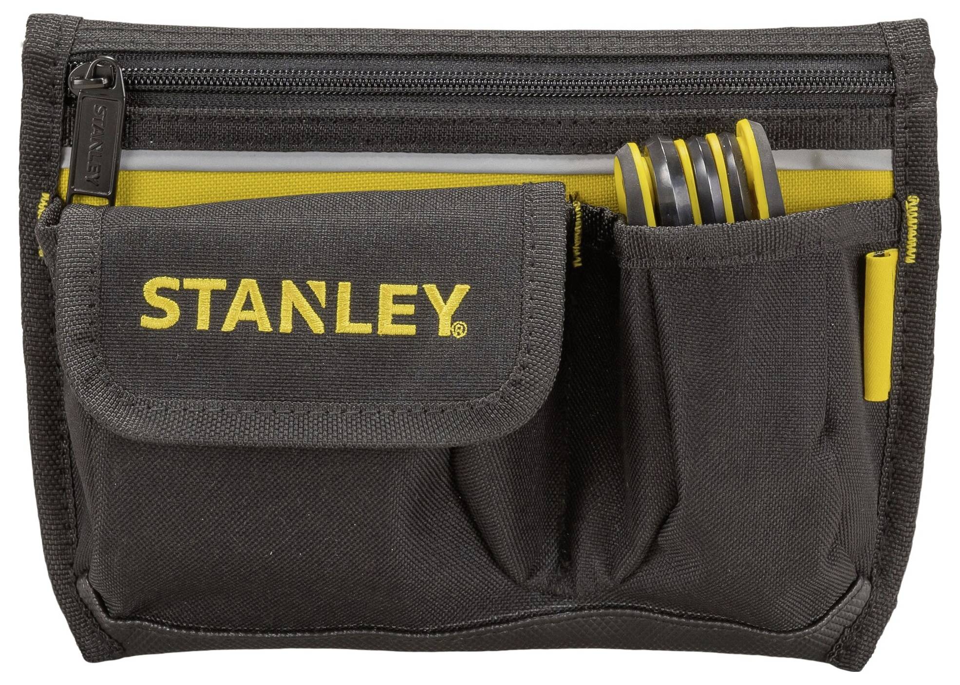 Borsa degli attrezzi nera con logo 'STANLEY' giallo, scomparto con zip in alto, tasche frontali con cacciaviti.