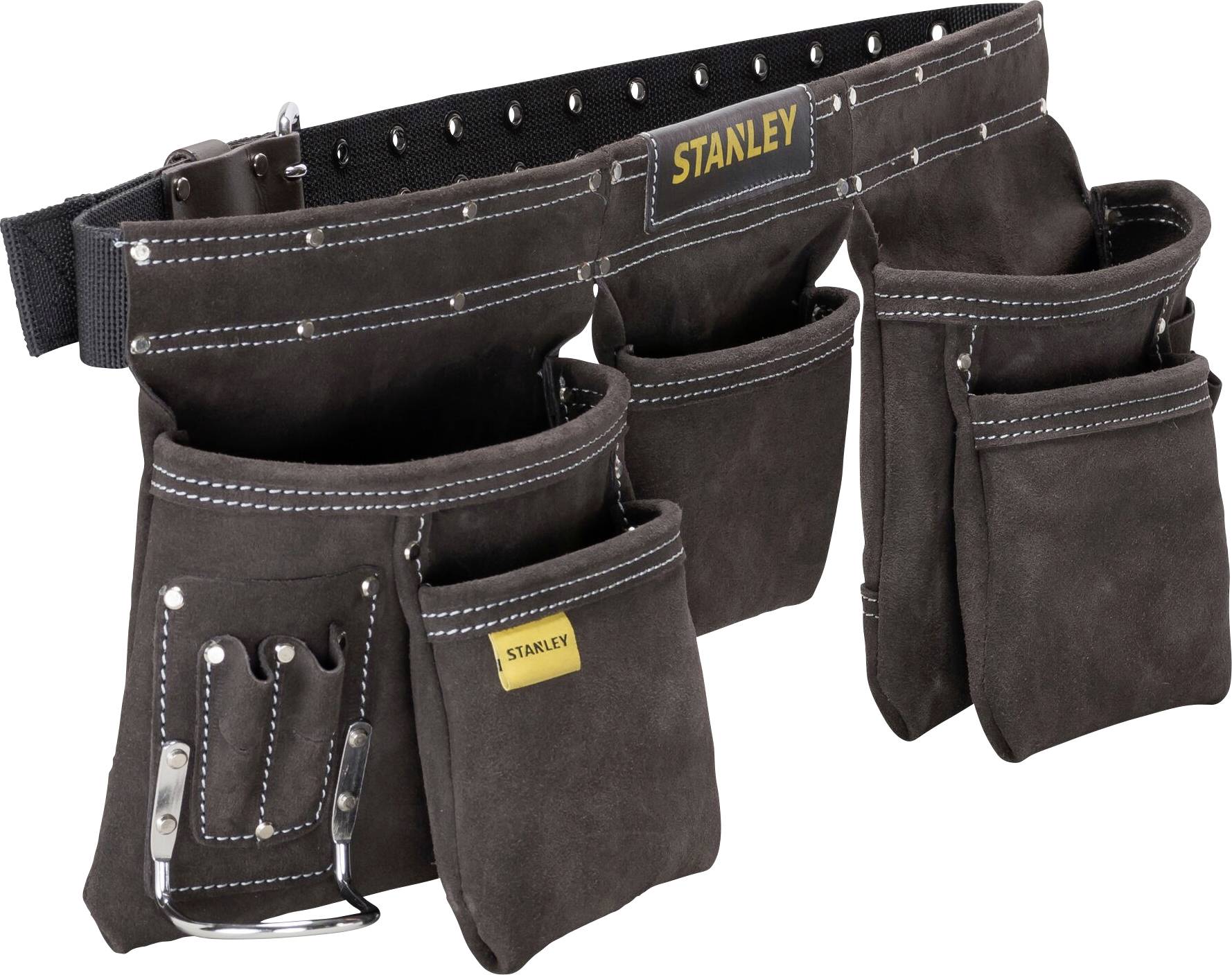 Cintura porta attrezzi con diverse tasche marroni scure e robusta cinghia nera, con il logo 'Stanley' in giallo ben visibile davanti. Regolabile per l'uso degli utensili.