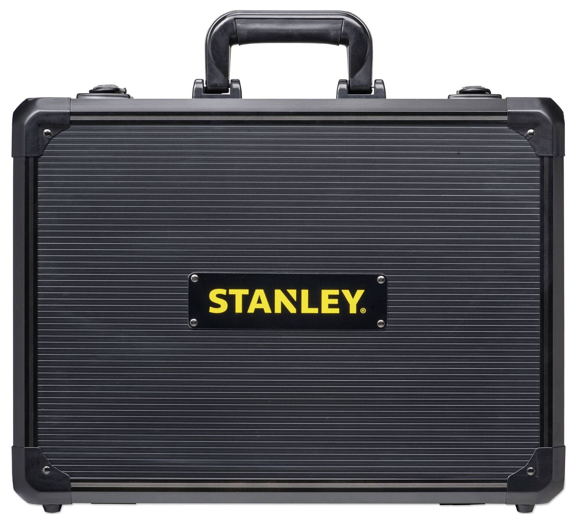 Valigetta degli attrezzi nera di Stanley con superficie zigrinata e manico di trasporto, logo Stanley giallo posizionato centralmente.