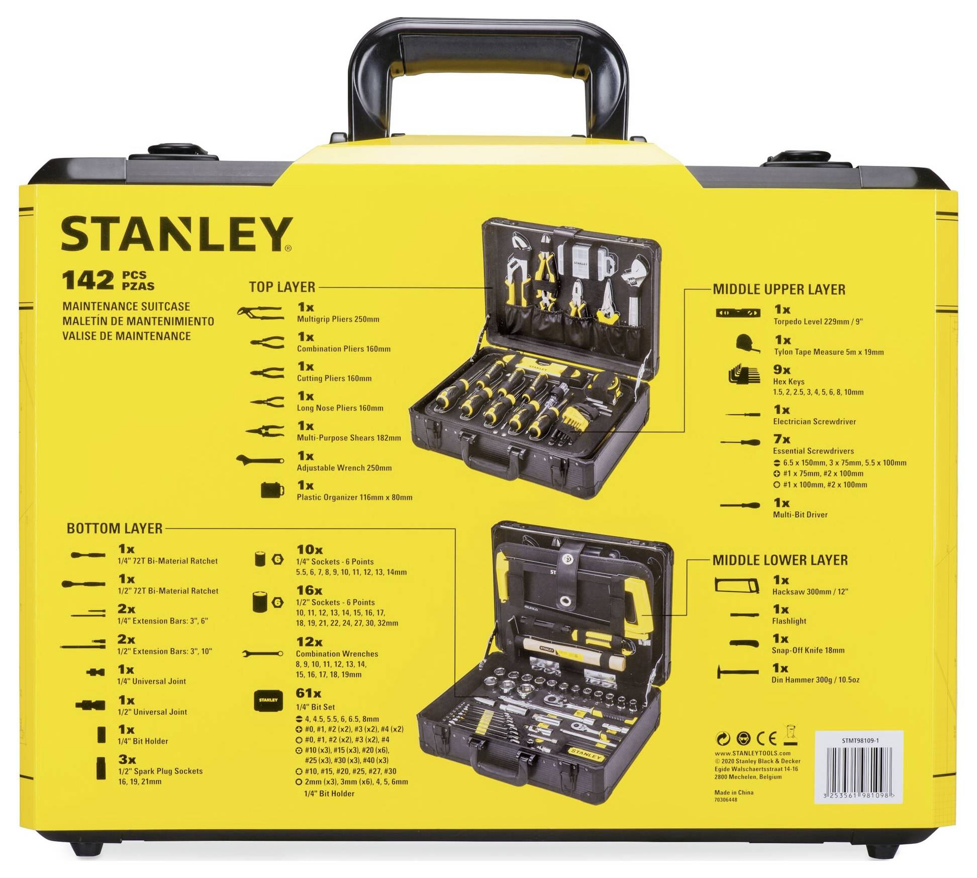 Valigetta portautensili Stanley con 142 pezzi: strato superiore con cacciaviti e pinze; strato inferiore con chiavi a bussola e martello.