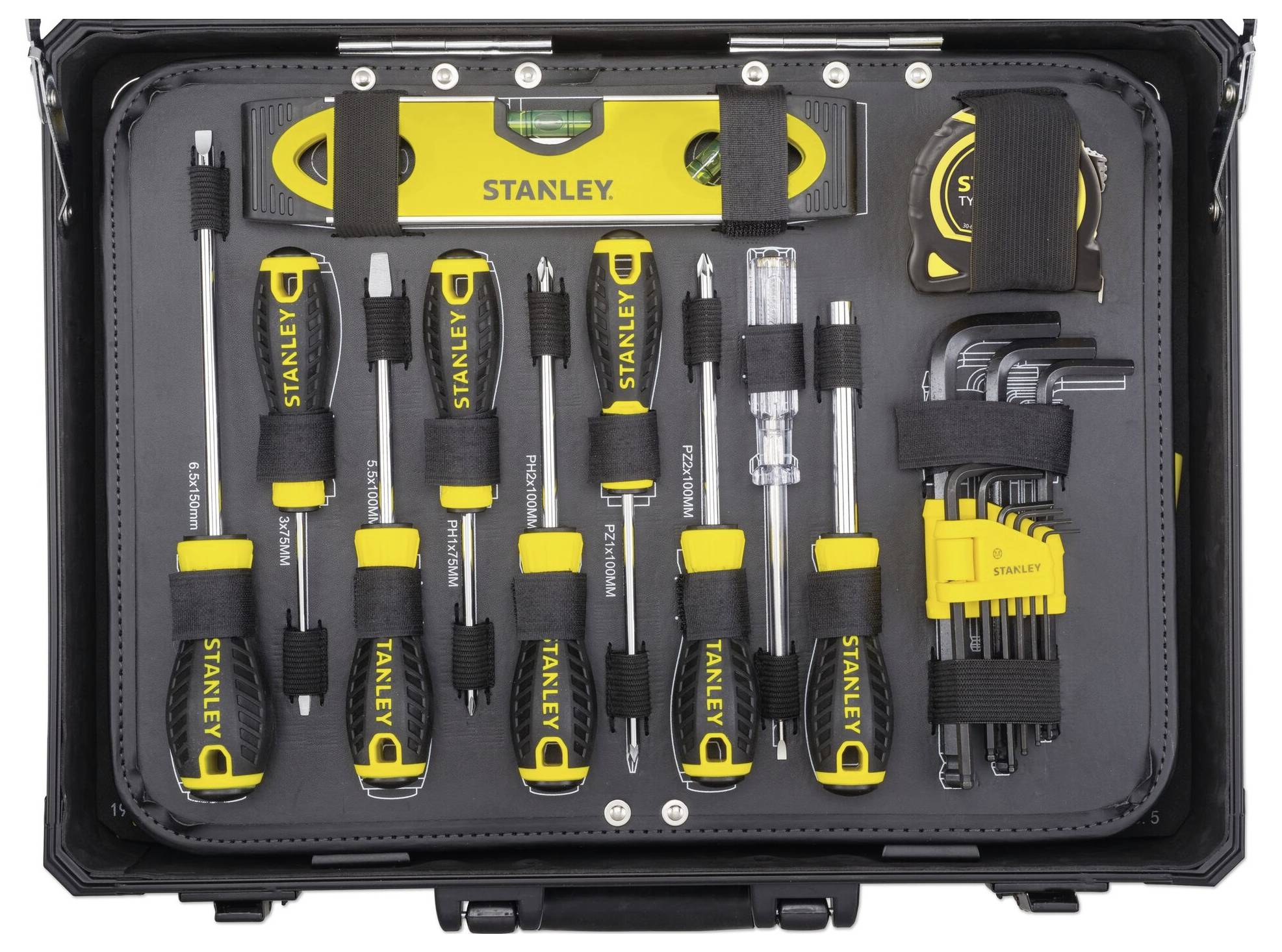 Un kit di attrezzi aperto con diversi cacciaviti, un metro a nastro, un livello e chiavi esagonali, tutti contrassegnati dal marchio "STANLEY".
