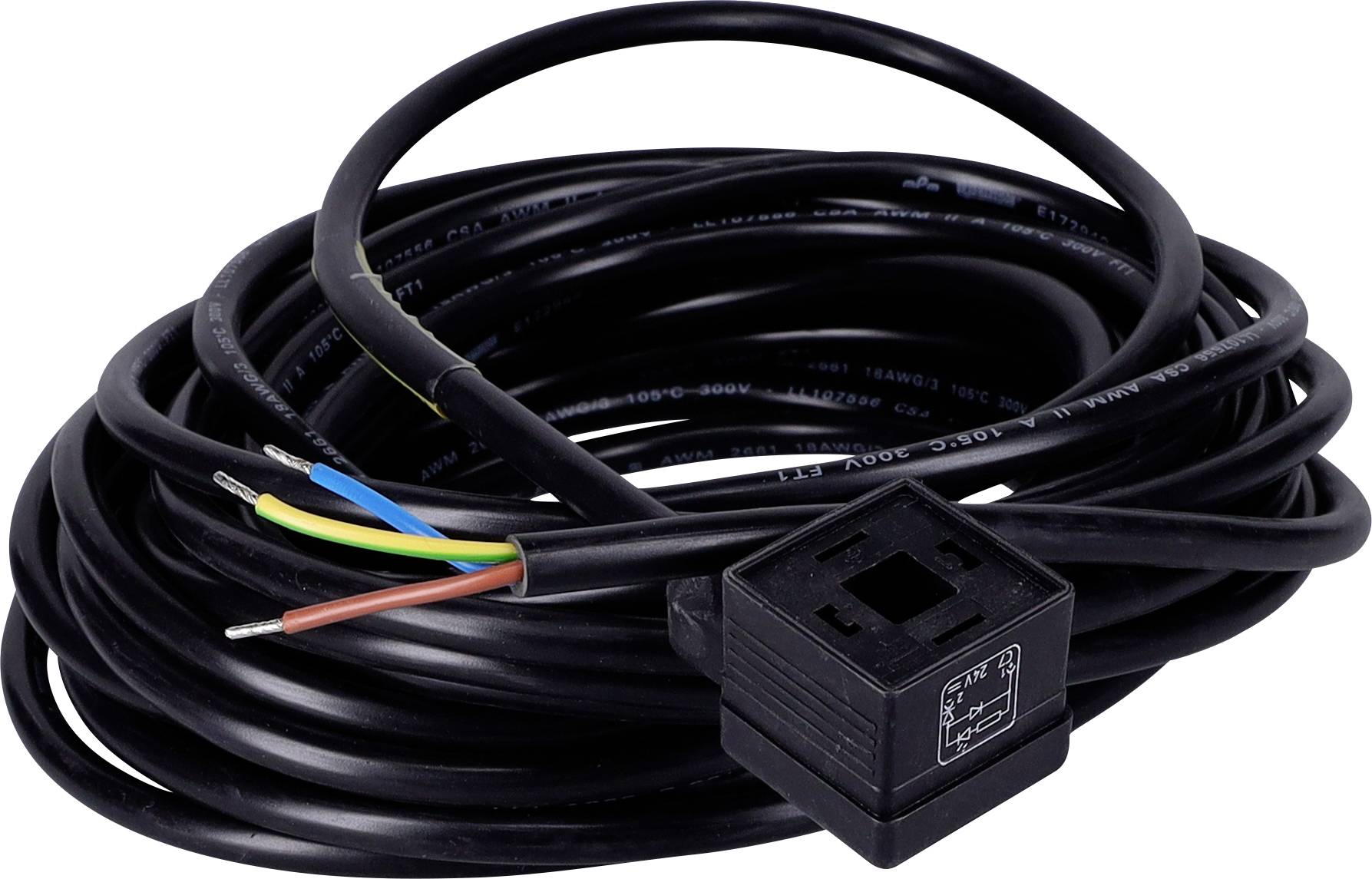 Un cavo elettrico arrotolato con fili colorati esposti e un connettore rettangolare nero in allegato.
