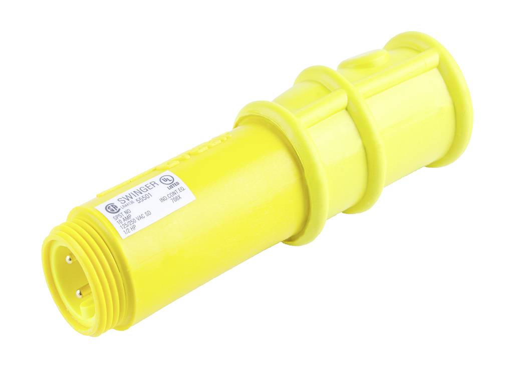 Spina cilindrica gialla con più contatti metallici, adatta per applicazioni industriali. Etichetta con specifica tecnica.