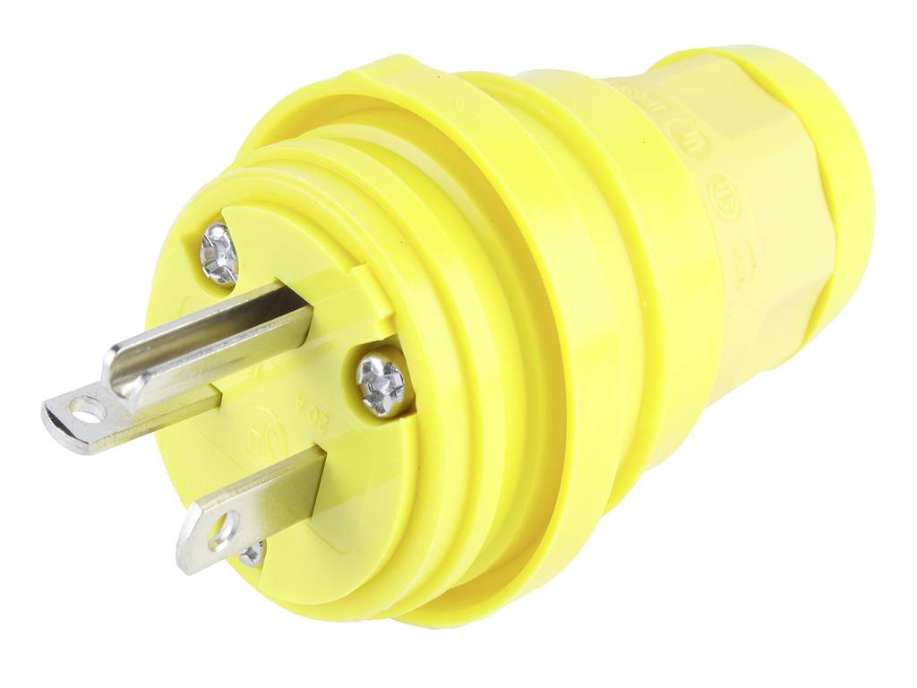 Un connettore di alimentazione giallo a tre poli, tipicamente utilizzato per applicazioni esterne o industriali, con un design robusto per garantire un collegamento elettrico sicuro.