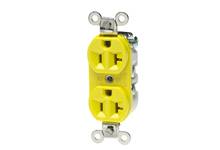 Presa doppia gialla, orientata verticalmente, con due slot per spine e viti di fissaggio argentate visibili.