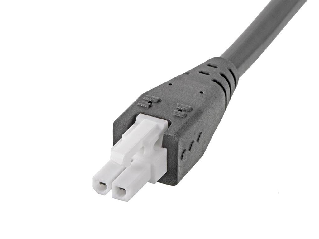 Un cavo di rete grigio con un'estremità a spina bianca a tre poli, tipicamente utilizzato per alimentatori di laptop.
