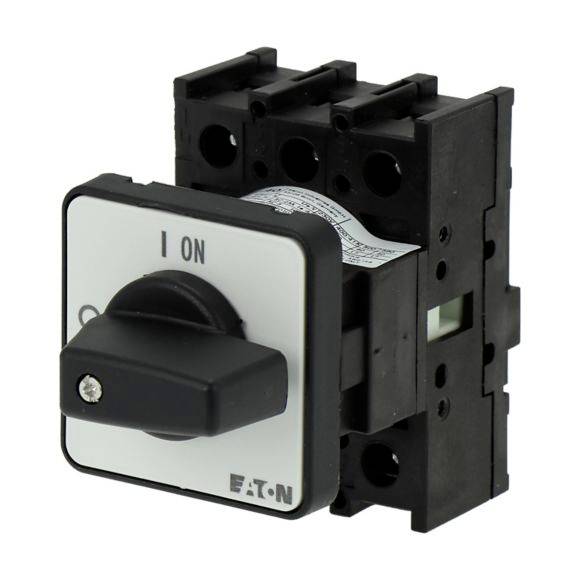 Un interruttore elettrico rotativo nero e bianco di Eaton con scritta 'ON'.