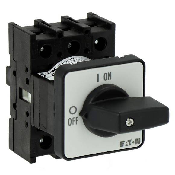 Un interruttore a rotazione nero su un pannello bianco con marcature per 'ON', 'OFF' e il produttore 'EATON'.