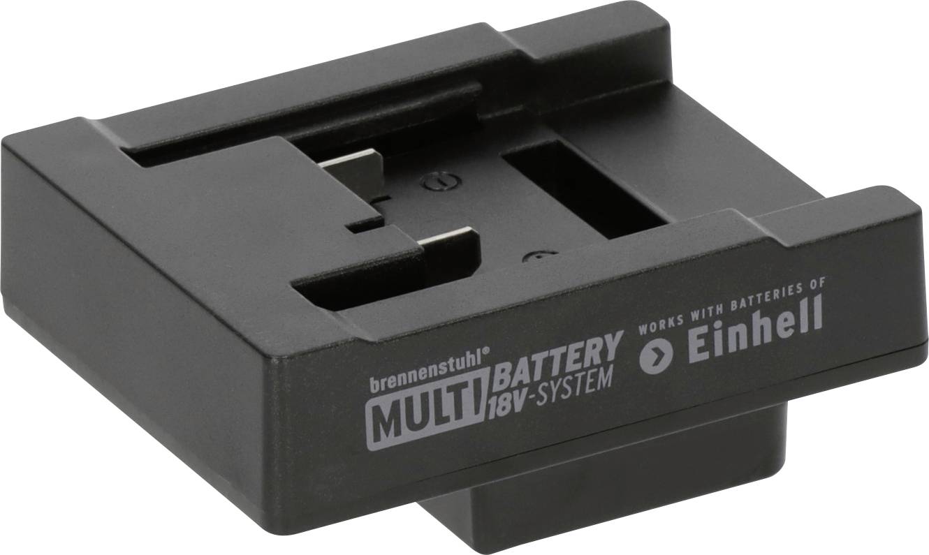 Adattatore batteria nero etichettato "brennenstuhl MULTI BATTERY 18V SYSTEM" e "funziona con batterie di Einhell".
