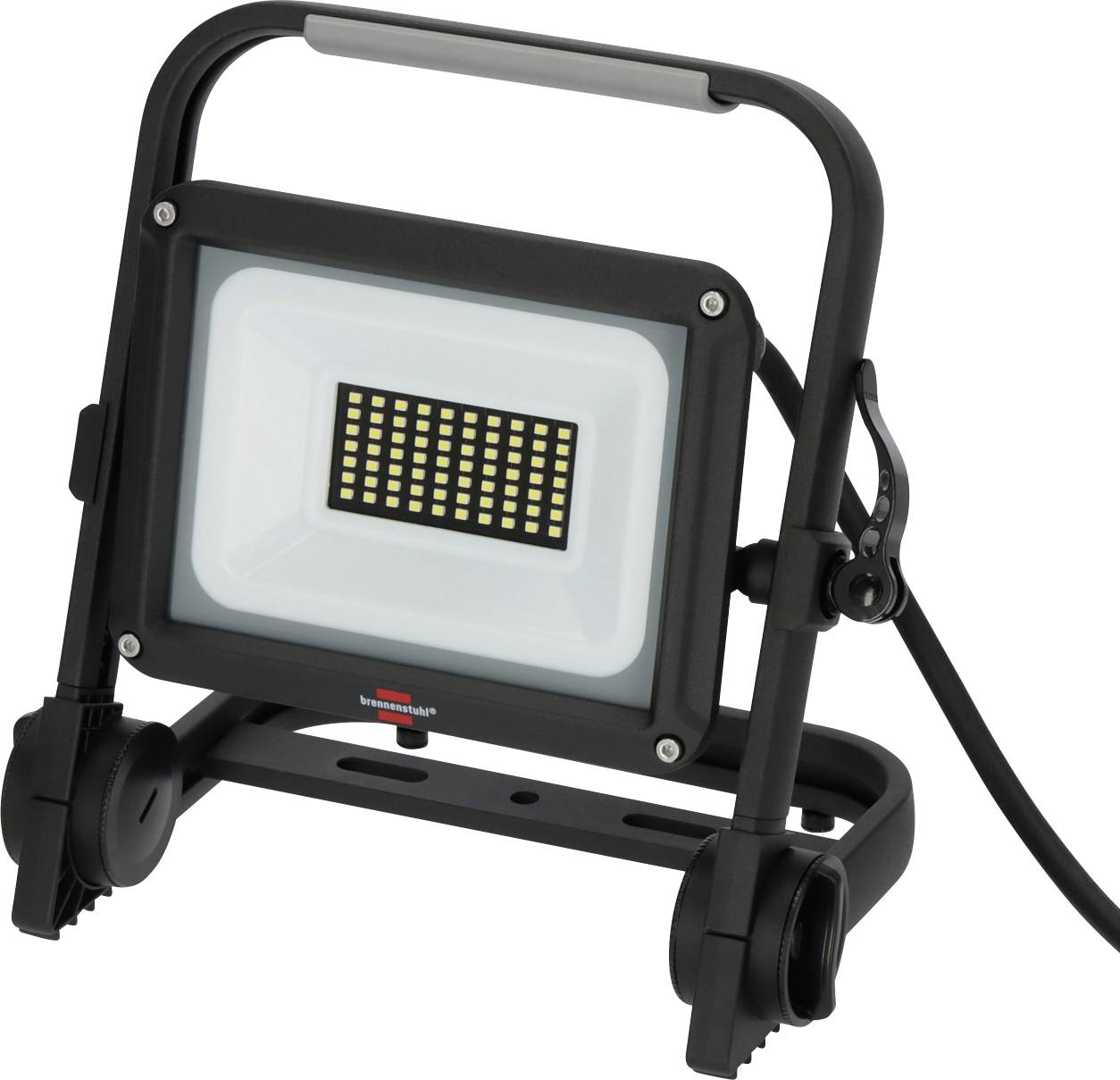 Proiettore LED portatile nero con struttura regolabile e piedistallo, fotografato su sfondo bianco.