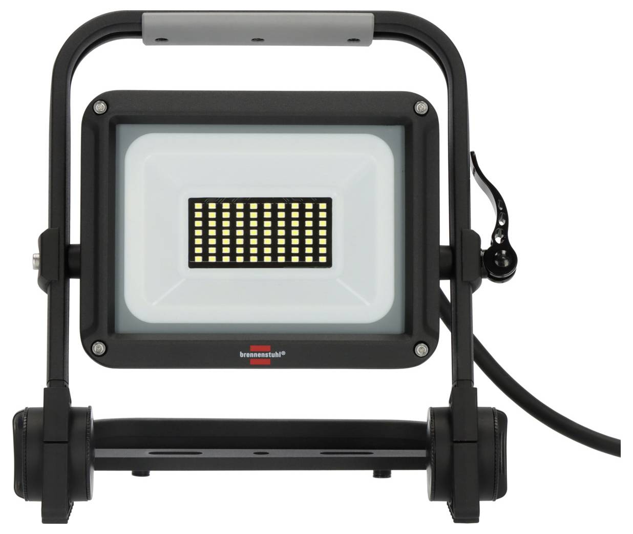 Lampada da lavoro LED portatile con telaio nero, supporto regolabile e cavo di alimentazione su sfondo bianco.