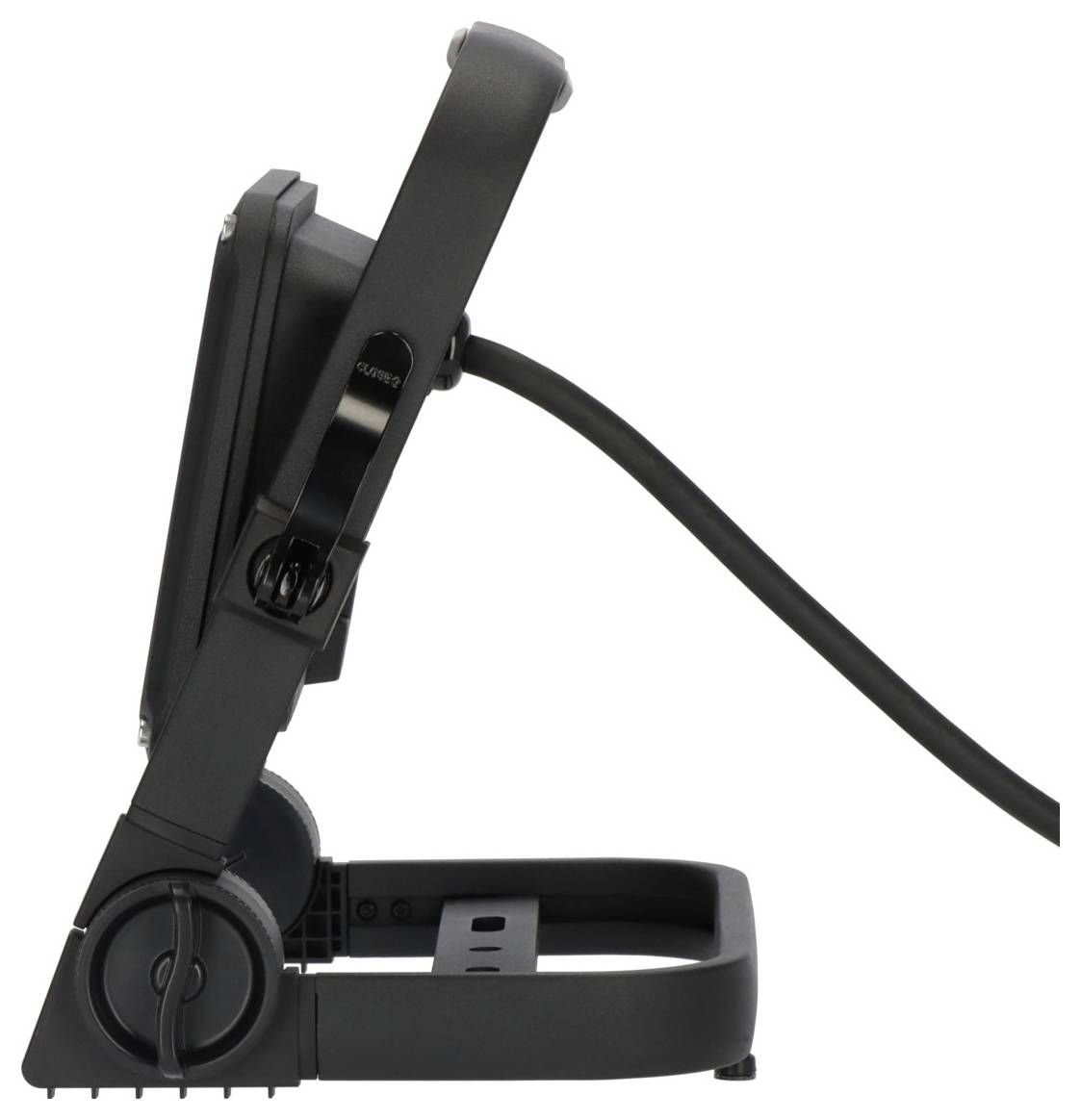 Supporto regolabile per monitor nero con cavo integrato, mostrato in vista laterale su sfondo bianco.