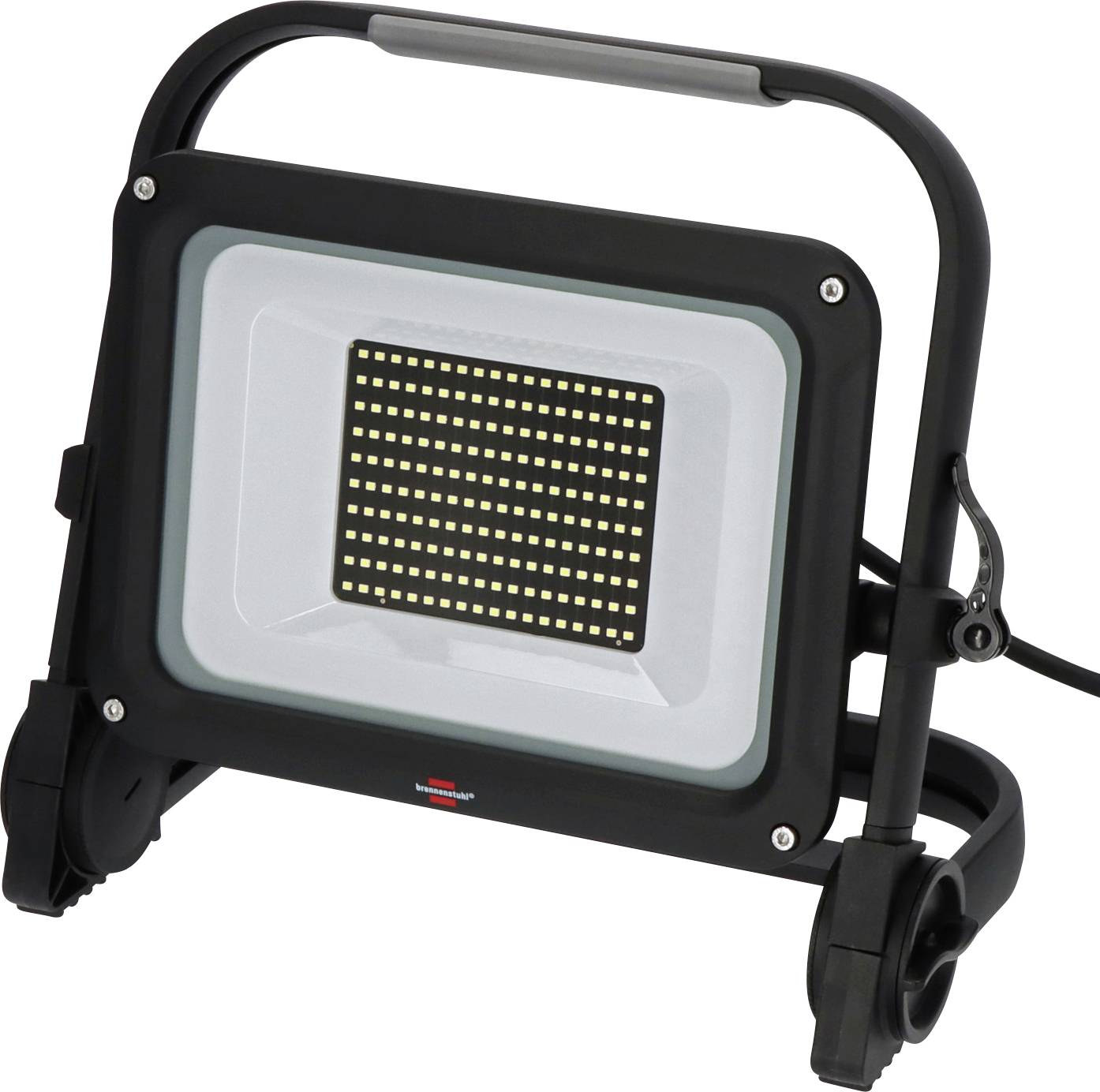 Faretto LED portatile su un supporto nero regolabile con maniglia e cavo di alimentazione, mostrato su sfondo bianco.