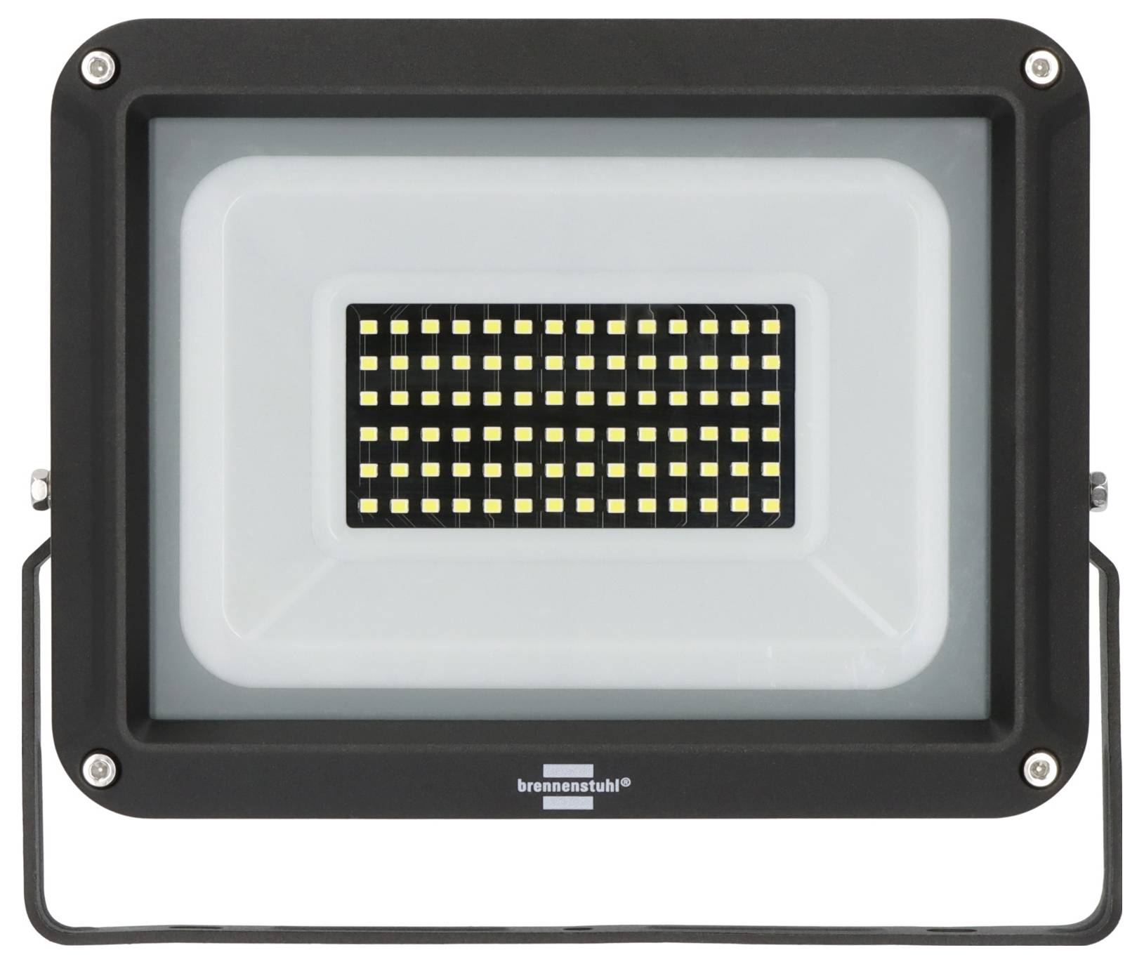 Faretto LED rettangolare nero con una griglia di LED gialli e staffa di montaggio, mostrato in vista frontale su sfondo bianco.