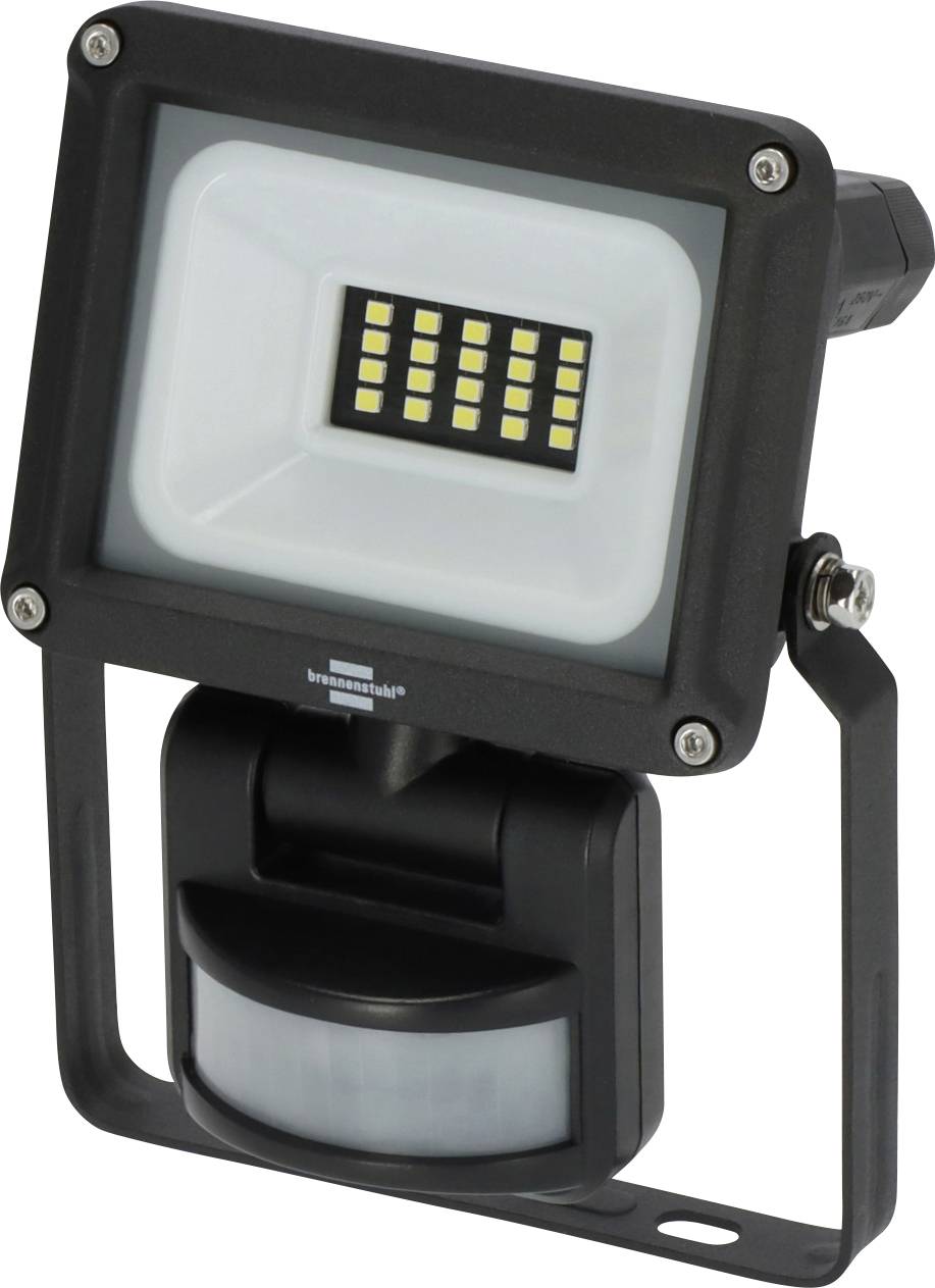 Faro LED nero con sensore di movimento e staffa di montaggio regolabile su sfondo bianco.
