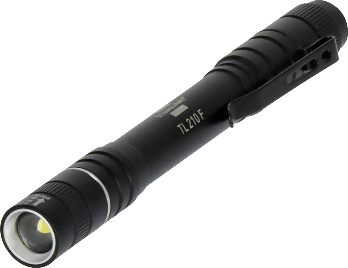 Torcia nera con clip, etichettata 'TL210F', mostrata su sfondo bianco.