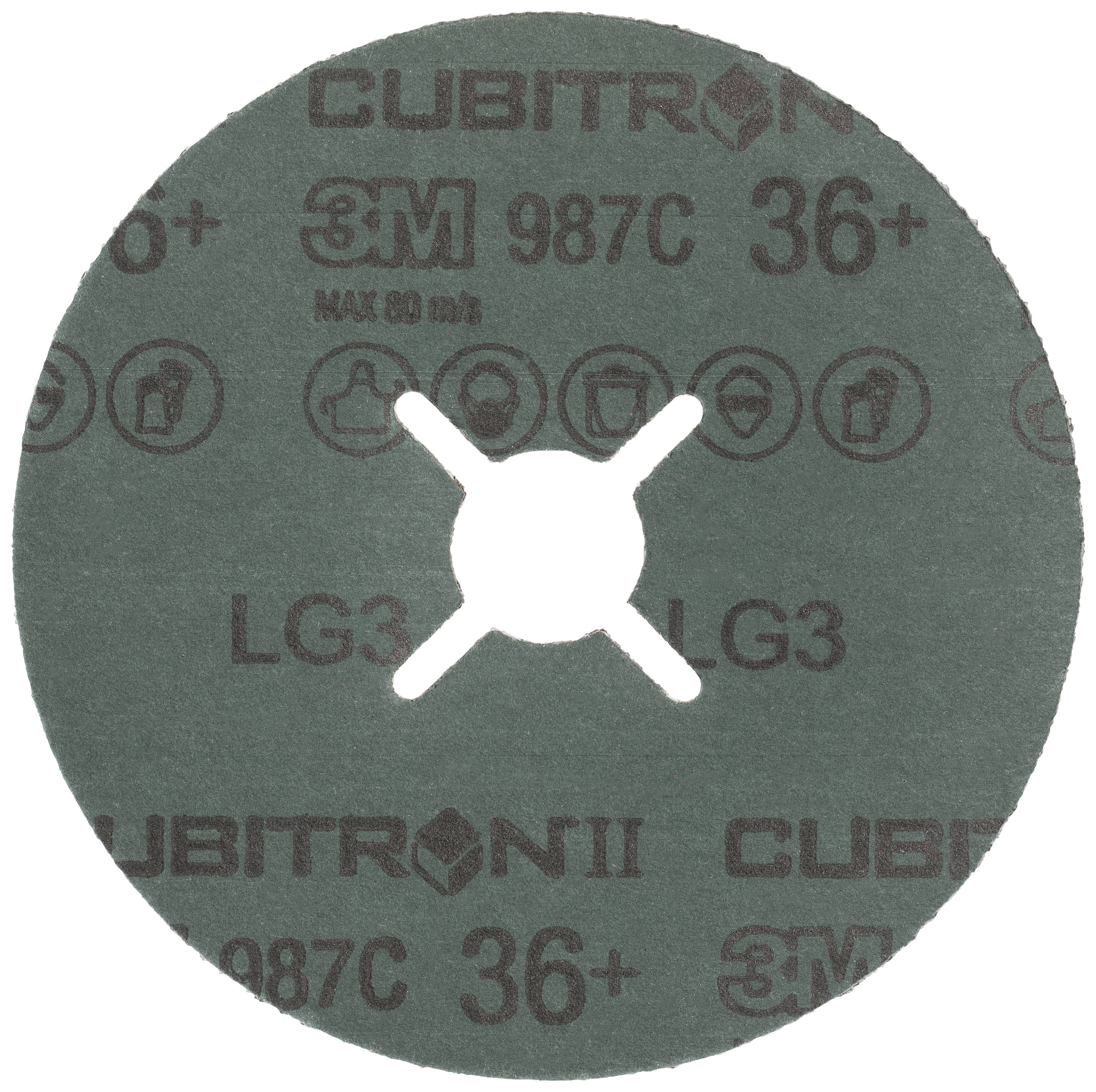 Disco abrasiva con etichetta 'Cubitron II 3M 987C 36+'. Verde con apertura centrale. Adatta per velocità elevate fino a 80 m/s.