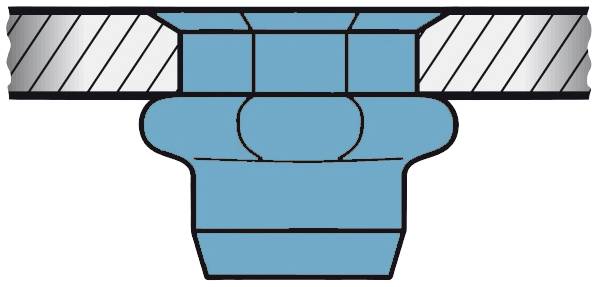 Diagramma di un profilo di guarnizione blu in sezione trasversale. Mostra il posizionamento della guarnizione tra due parti metalliche.