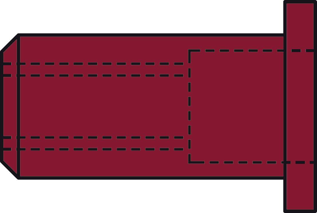 Un disegno tecnico di un modello pieghevole rettangolare rosso con linee tratteggiate che indicano le linee di piega.