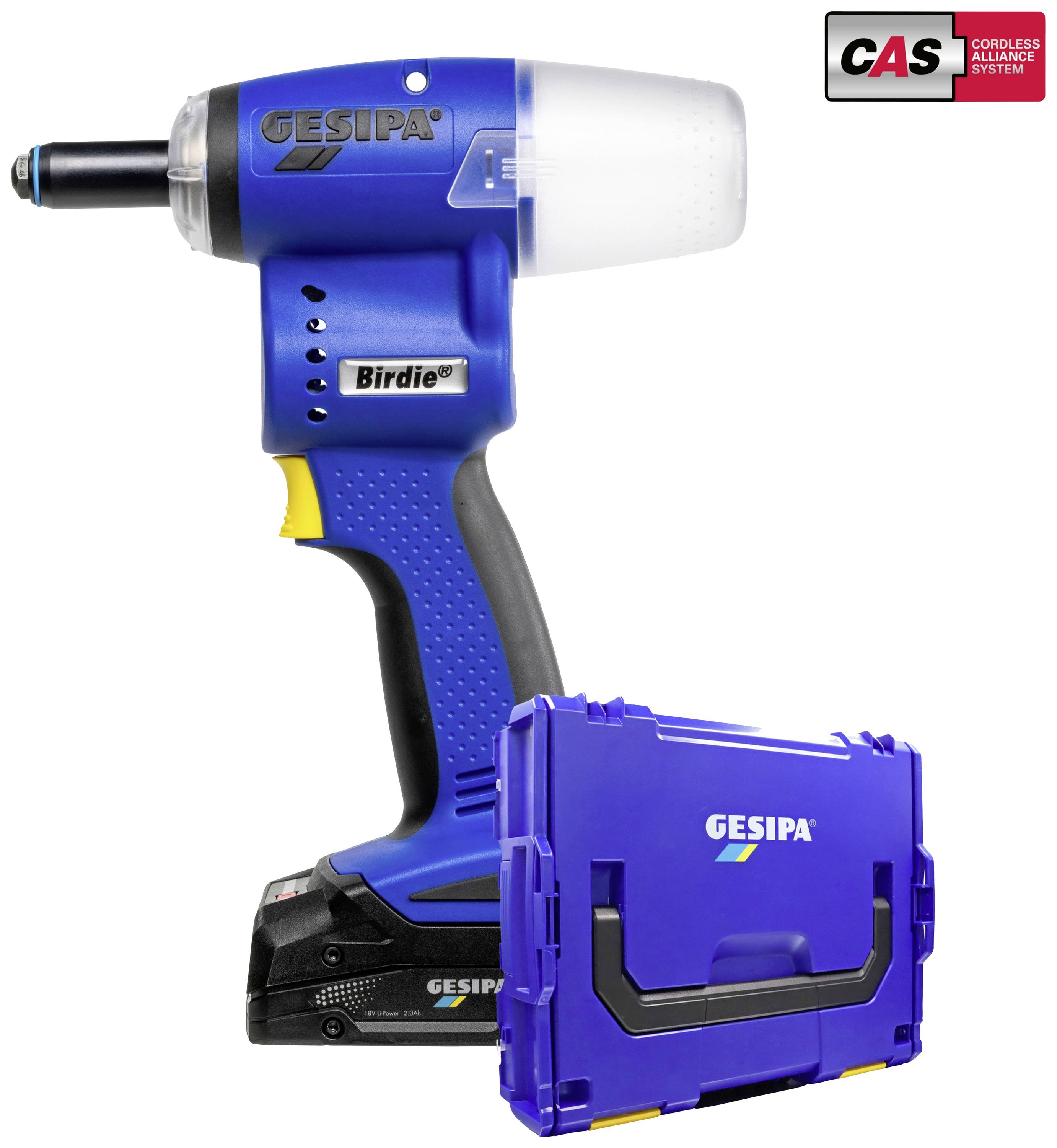 Un dispositivo di rivettatura a batteria GESIPA 'Birdie' blu con logo CAS, accanto a una valigetta blu.