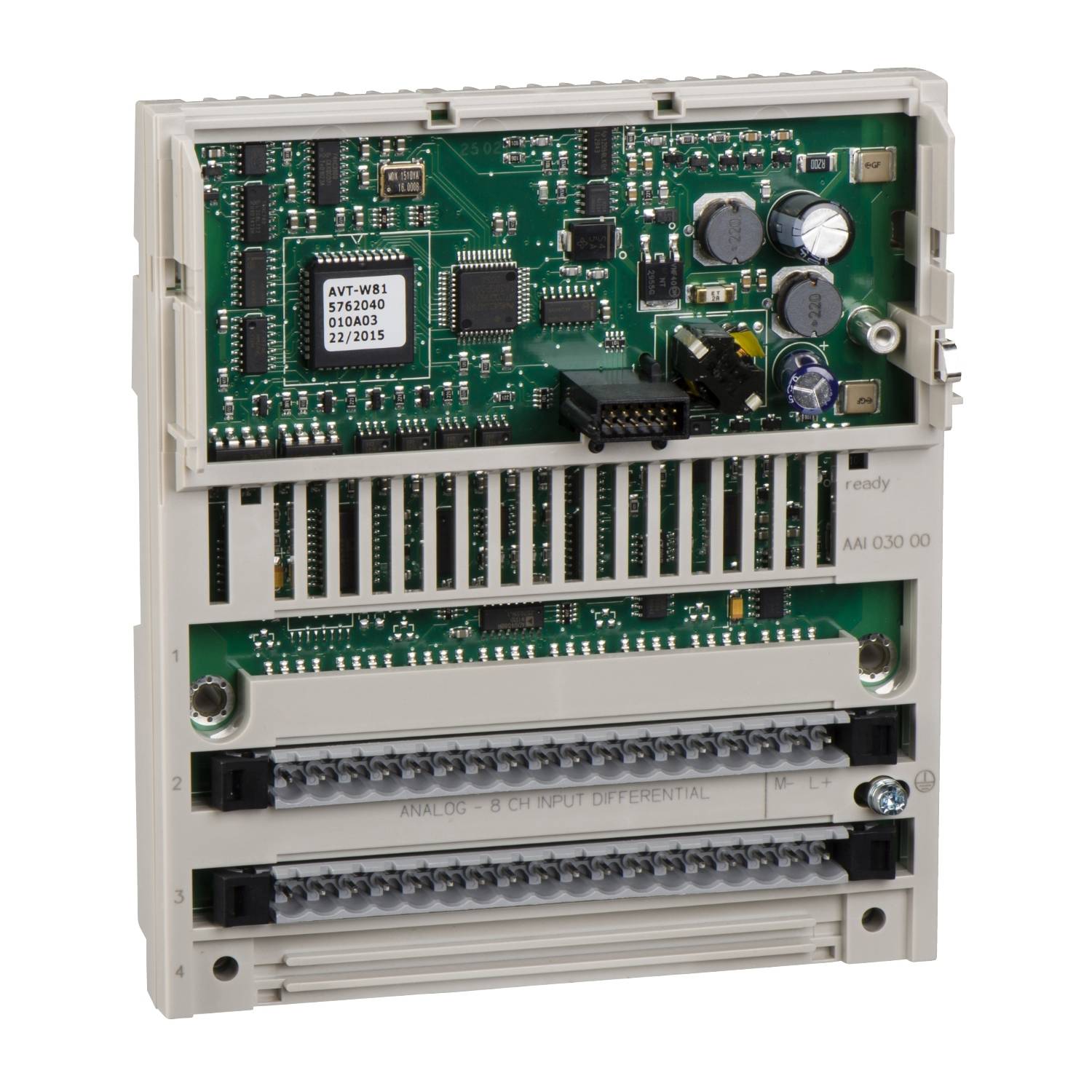 Dispositivo di controllo dell'impianto con coperchio aperto che mostra circuiti elettronici e componenti. Lato anteriore con diversi morsetti di connessione.