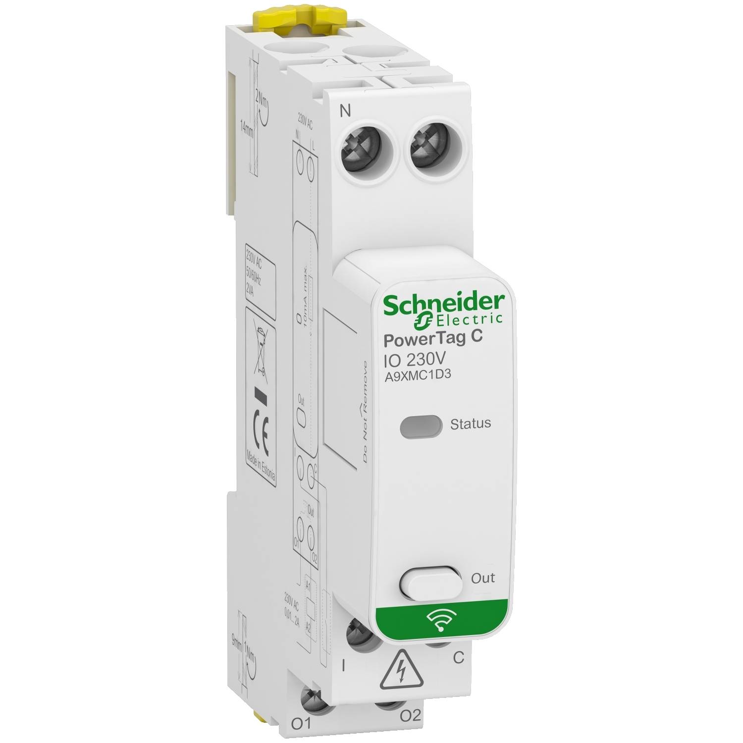 Un'unità bianca Schneider Electric PowerTag C IO 230V con indicatore di stato verde e simbolo Wi-Fi in alto, adatta per installazioni elettriche.