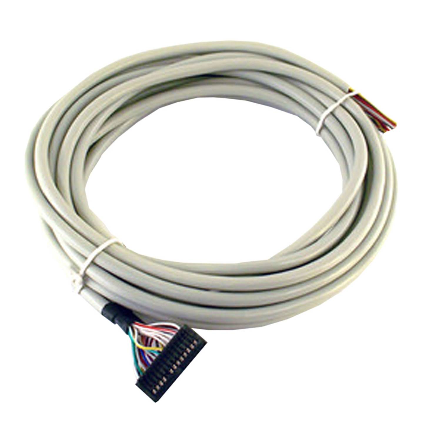 Un cavo grigio arrotolato con un connettore multipolare all'estremità, pronto per essere collegato a dispositivi elettronici.