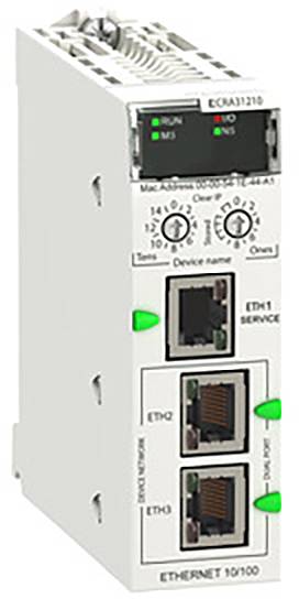Un modulo Ethernet bianco con tre porte Ethernet e diversi LED che indicano lo stato operativo e lo stato del servizio.