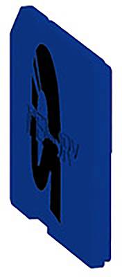 Una scheda di memoria blu con sopra stampato in nero un sole stilizzato e una scritta, leggermente inclinata.