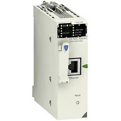 Modulo di comunicazione Ethernet industriale con spie luminose per stato di funzionamento, indirizzo e connessione Ethernet. Include pulsante di reset.