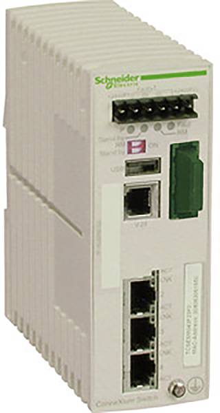 Un switch di rete industriale bianco con più porte Ethernet e porta USB, adatto per applicazioni industriali.