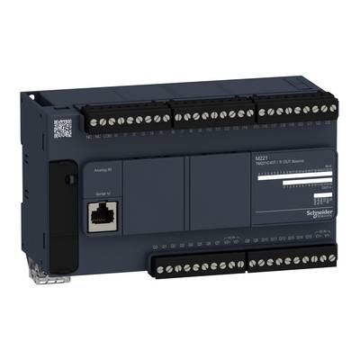 Un dispositivo di controllo grigio per l'automazione industriale con più connessioni e una porta Ethernet. Logo del marchio in basso a destra.