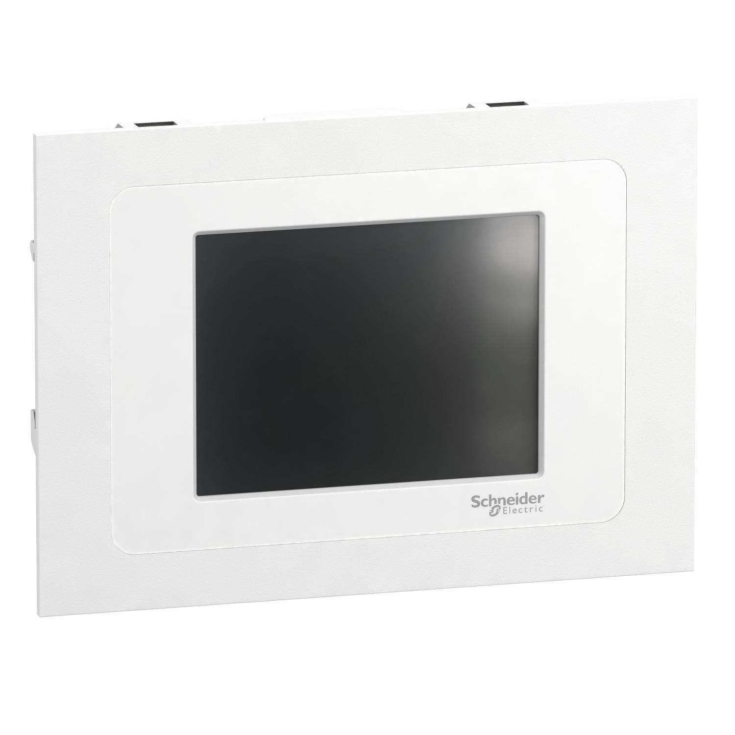 Un dispositivo display rettangolare bianco di Schneider Electric con schermo nero al centro, circondato da una cornice bianca.